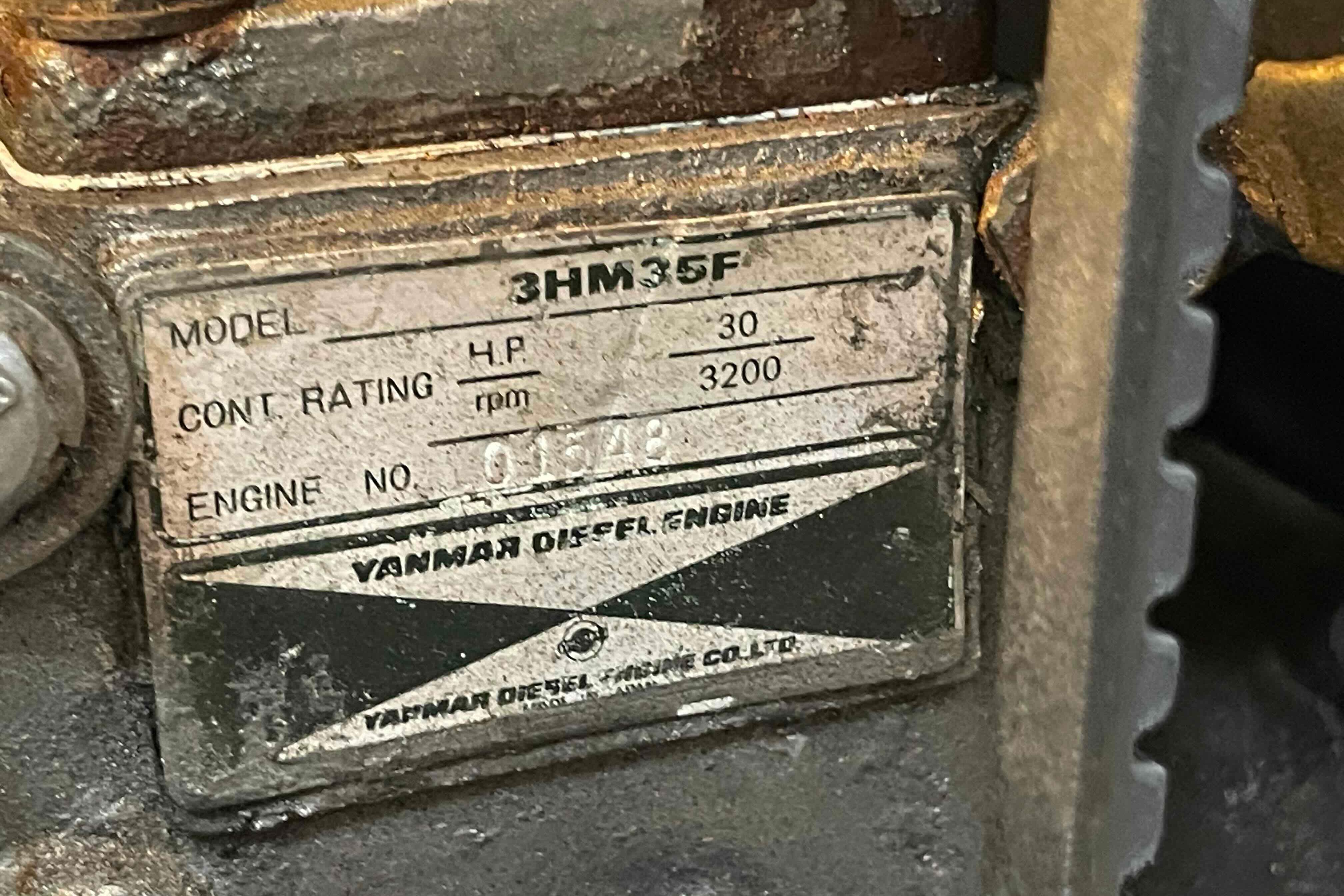 Yanmar diesel engine label on a 1987 Pacific Seacraft 34 sailboat.