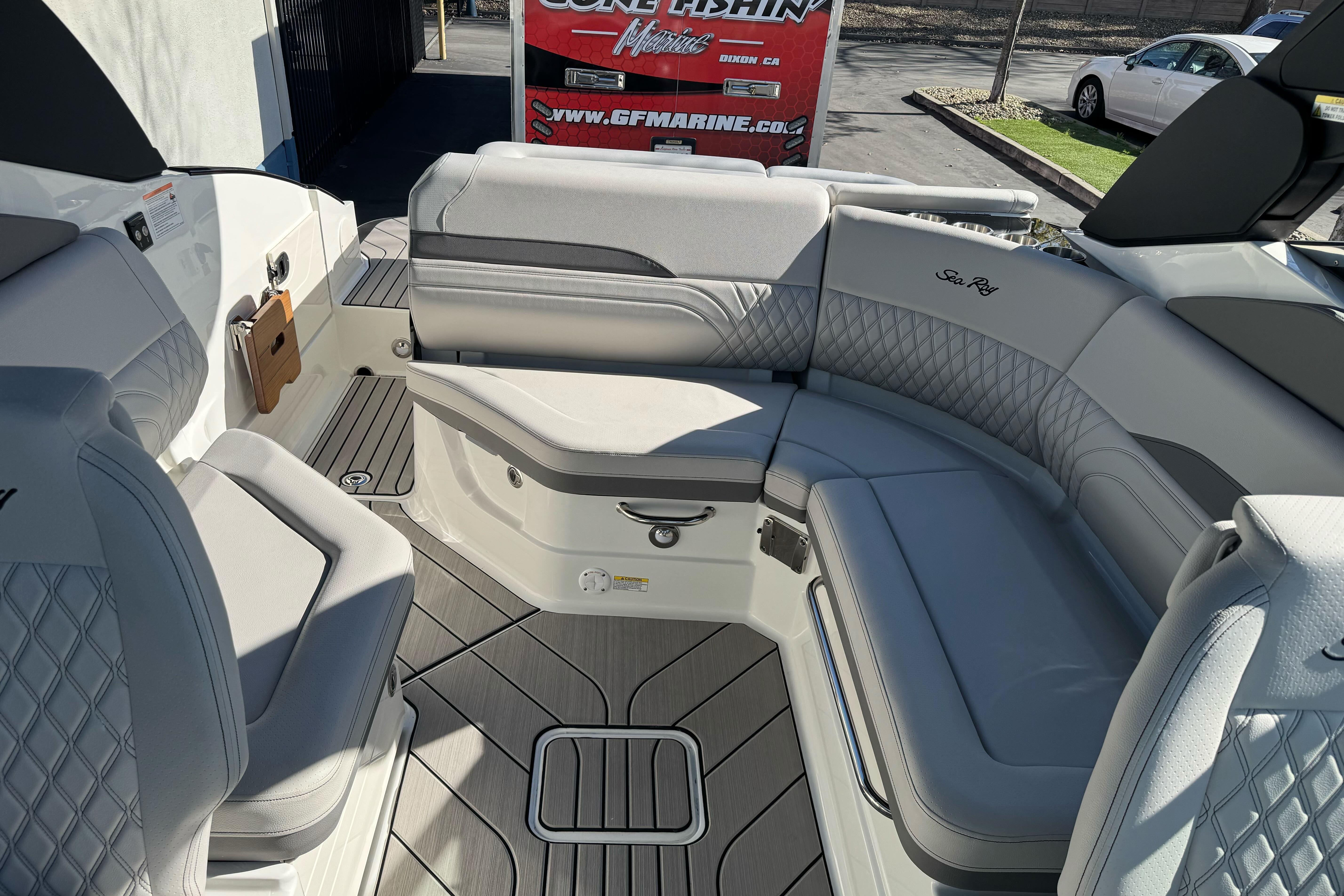2026 Sea Ray SLX 260 boat interior with luxurious seating and modern design.