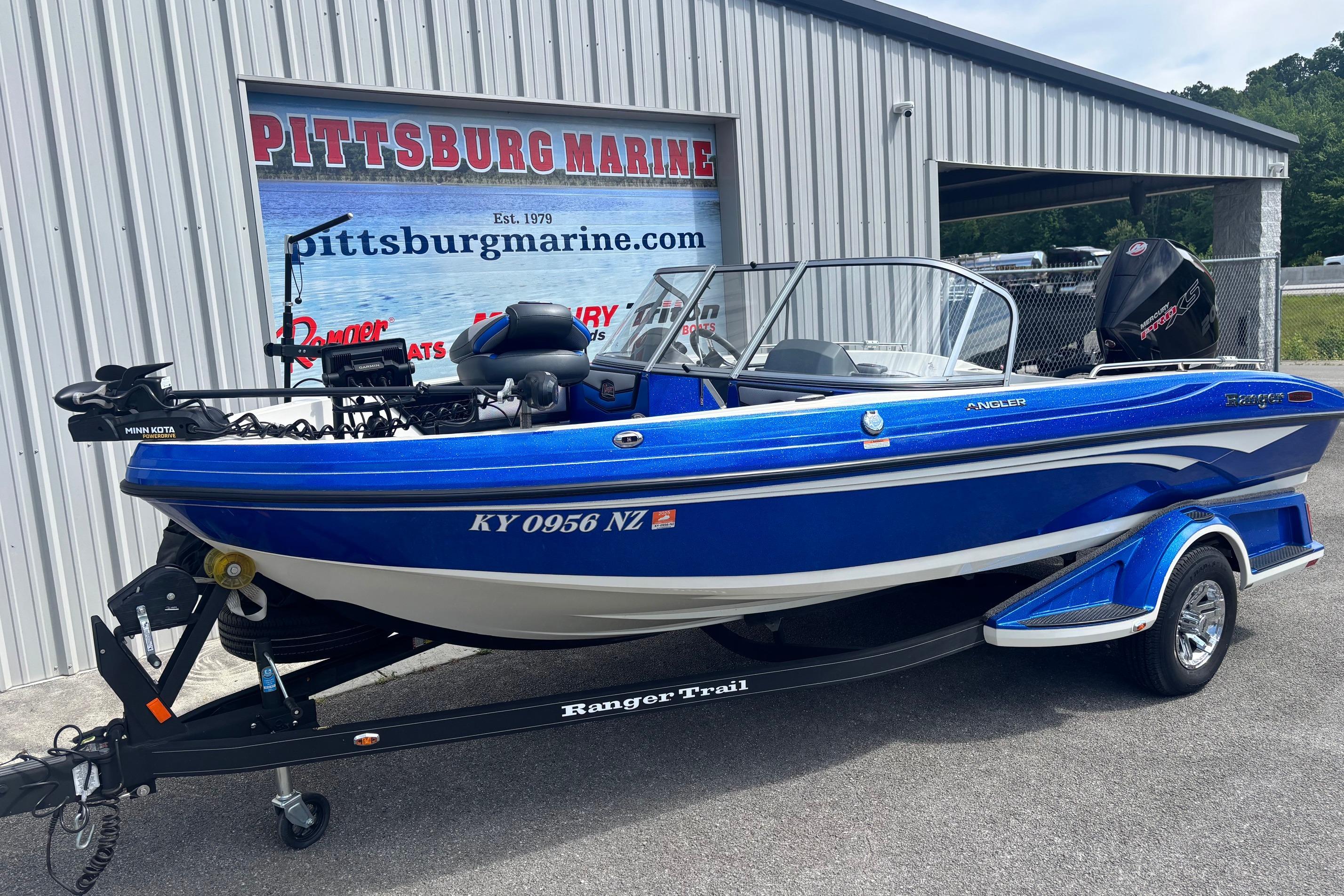 2022 Ranger 1880MS boat in blue, parked at Pittsburg Marine dealership.