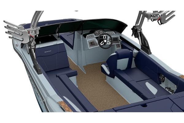 Manufacturer Provided Image: 2022 MasterCraft NXT24 boat interior with blue seating and modern dashboard.
