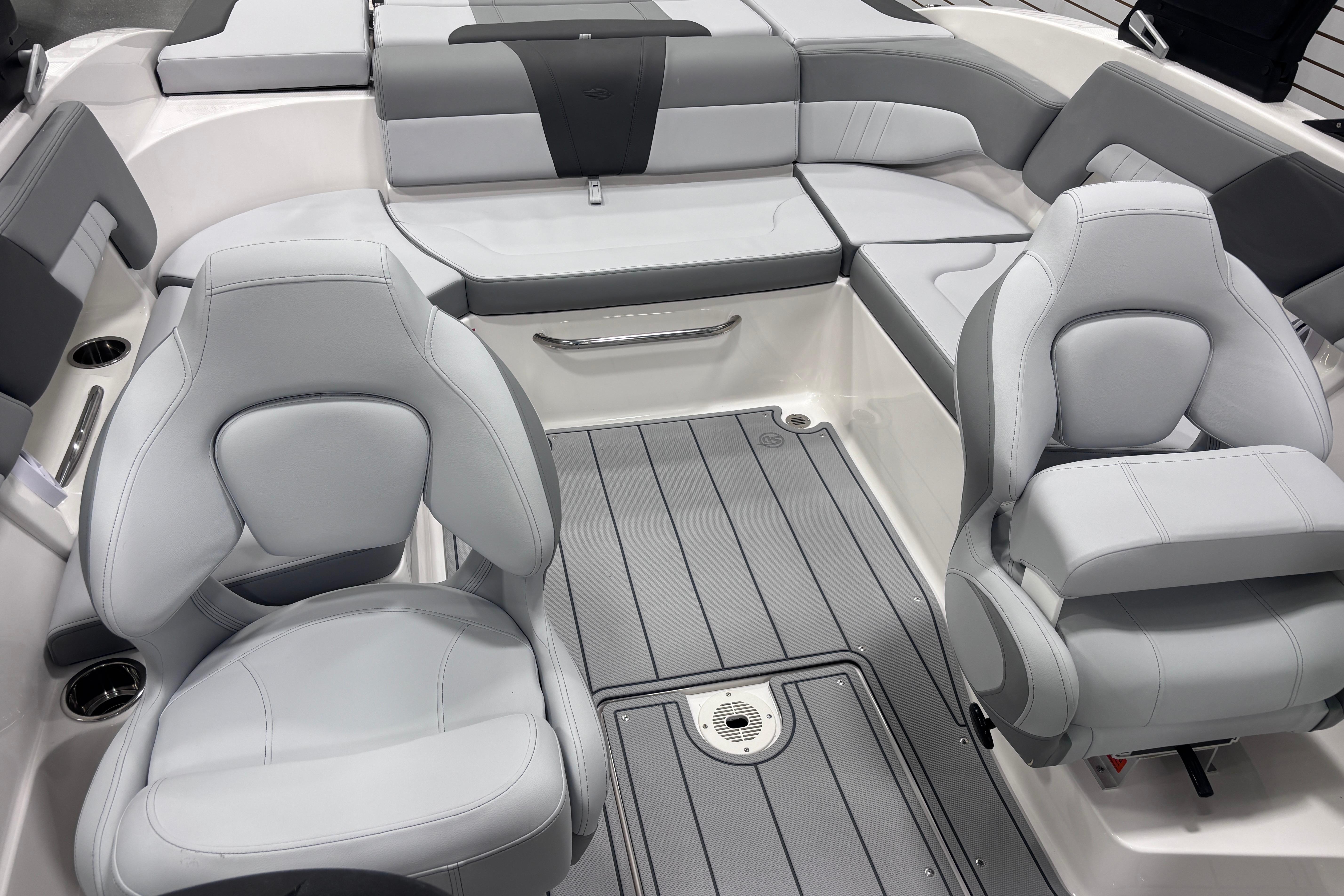 2026 Chaparral 23 SSi boat interior with sleek gray seating and modern design.