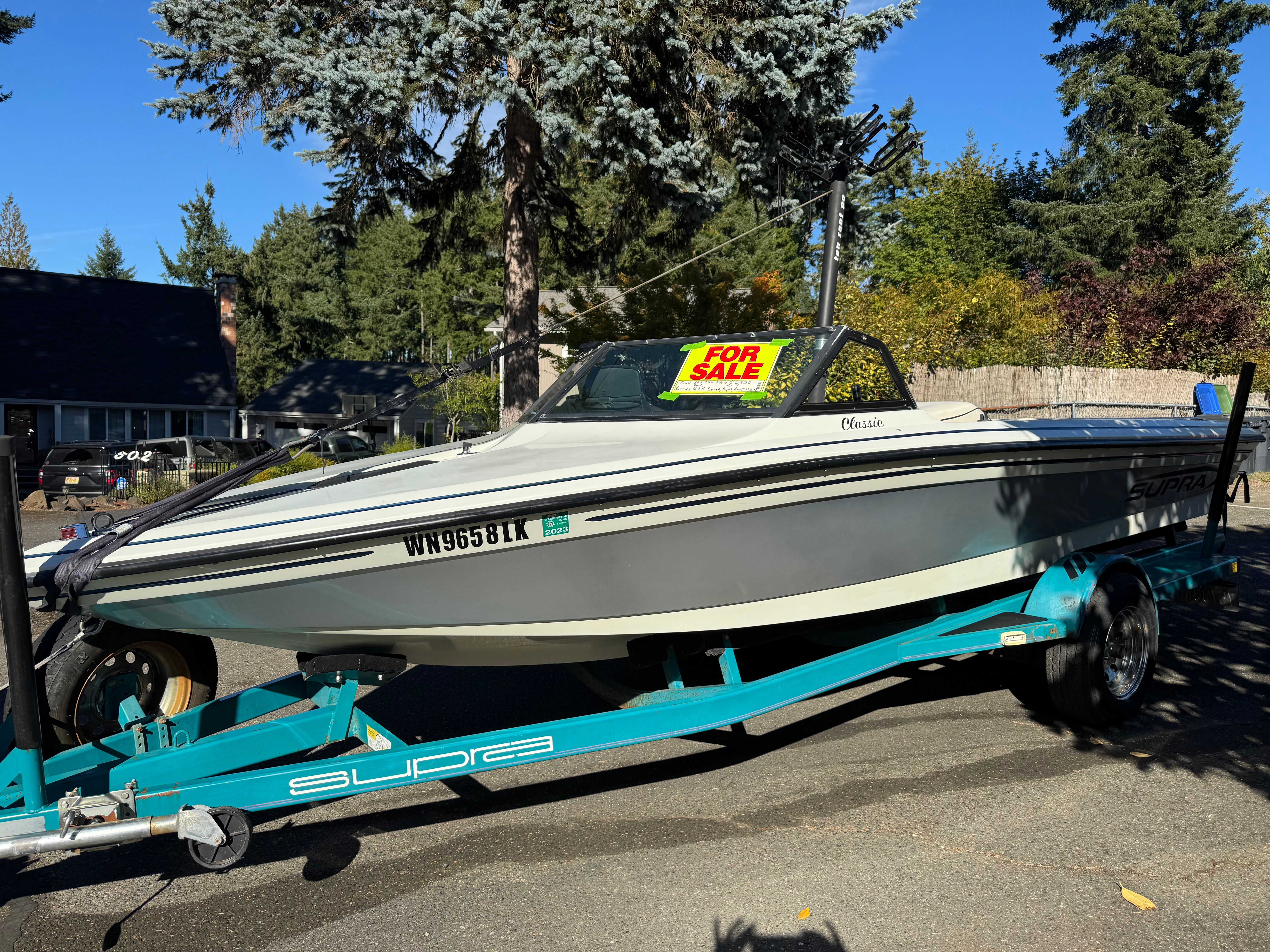 1990 Supra TS6M boat for sale on trailer.