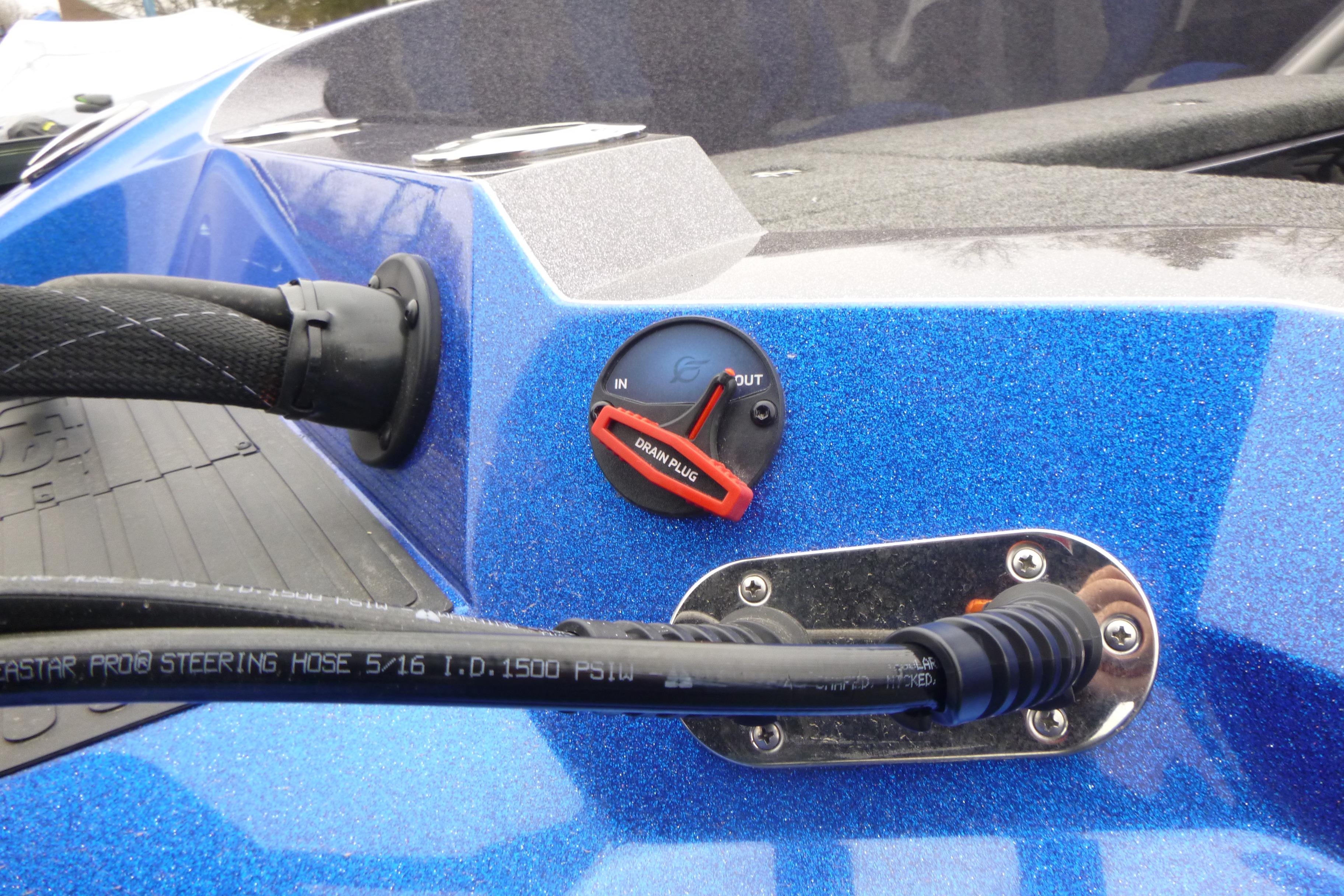 2026 Ranger 620FS Cup Equipped boat detail with steering hose and drain plug.