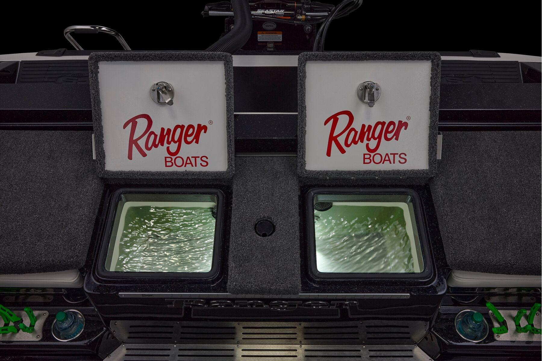 Manufacturer Provided Image: 2026 Ranger 620xFS Pro boat livewell compartments with illuminated interiors.