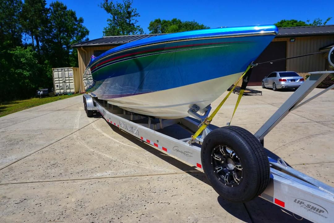 2018 Cigarette TopGun Unlimited on trailer, ready for transport.