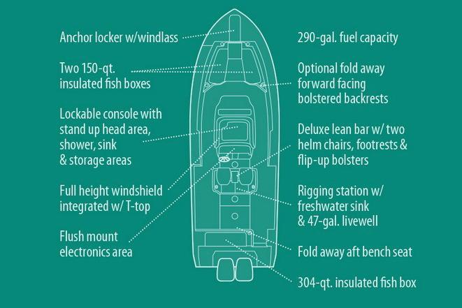 2019 Grady-White Canyon 306 boat features and layout diagram.