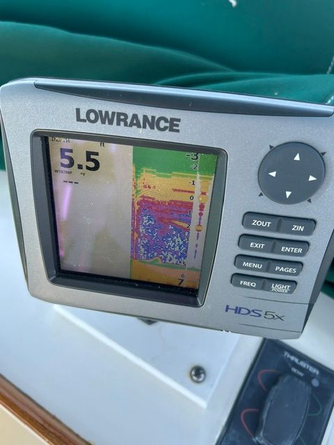 Lowrance fishfinder on Grand Banks 32 Sedan, 1980 model.