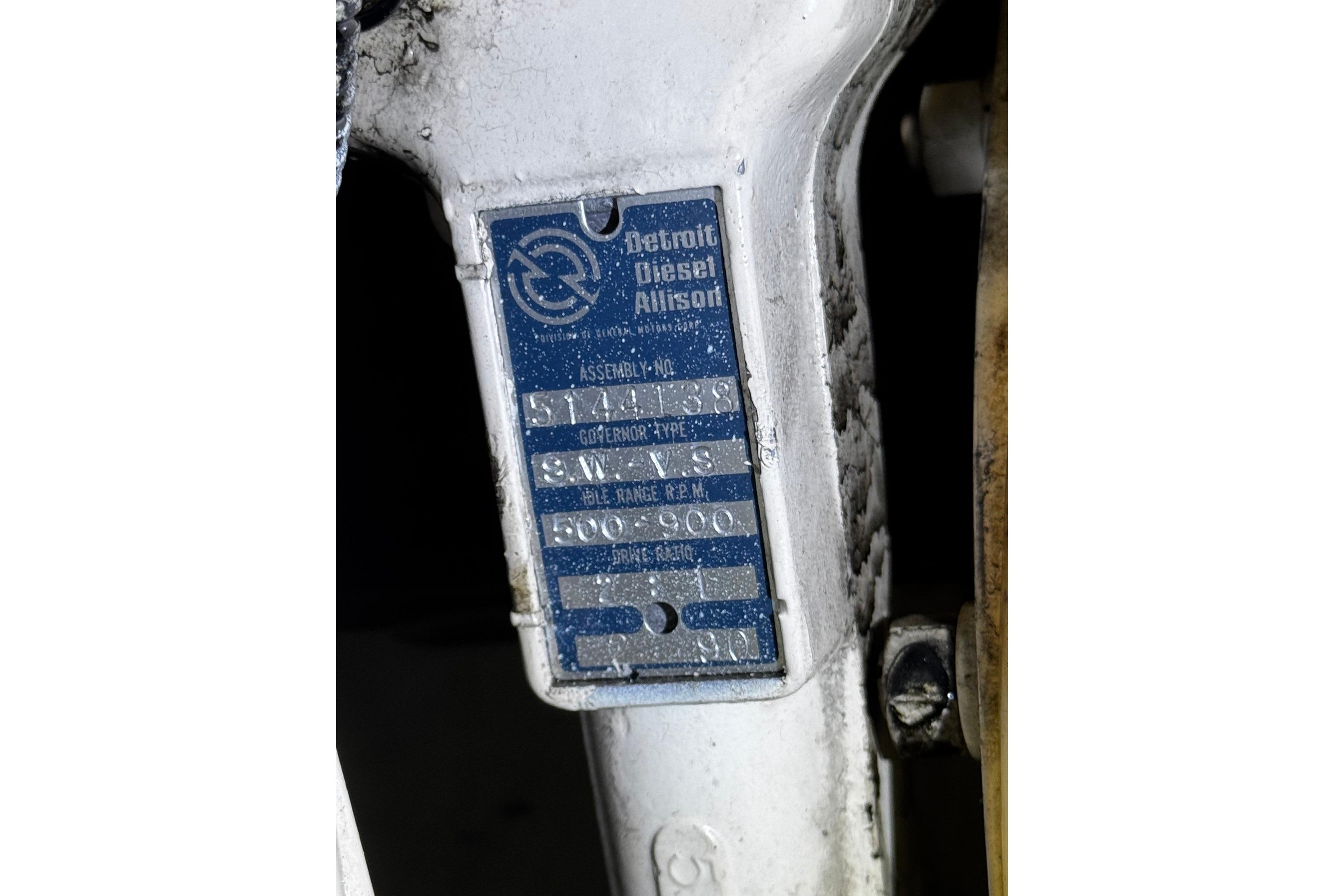 Close-up of Detroit Diesel Allison engine plate on 1991 Silverton 46 Motor Yacht.