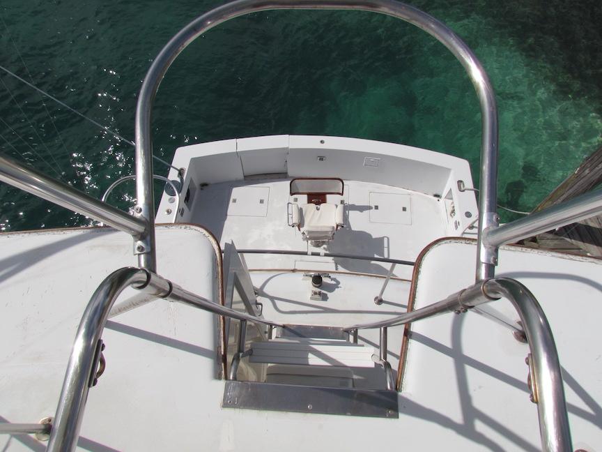 View from the deck of a 1972 Hargrave 67 Motor Yacht, overlooking the ocean.
