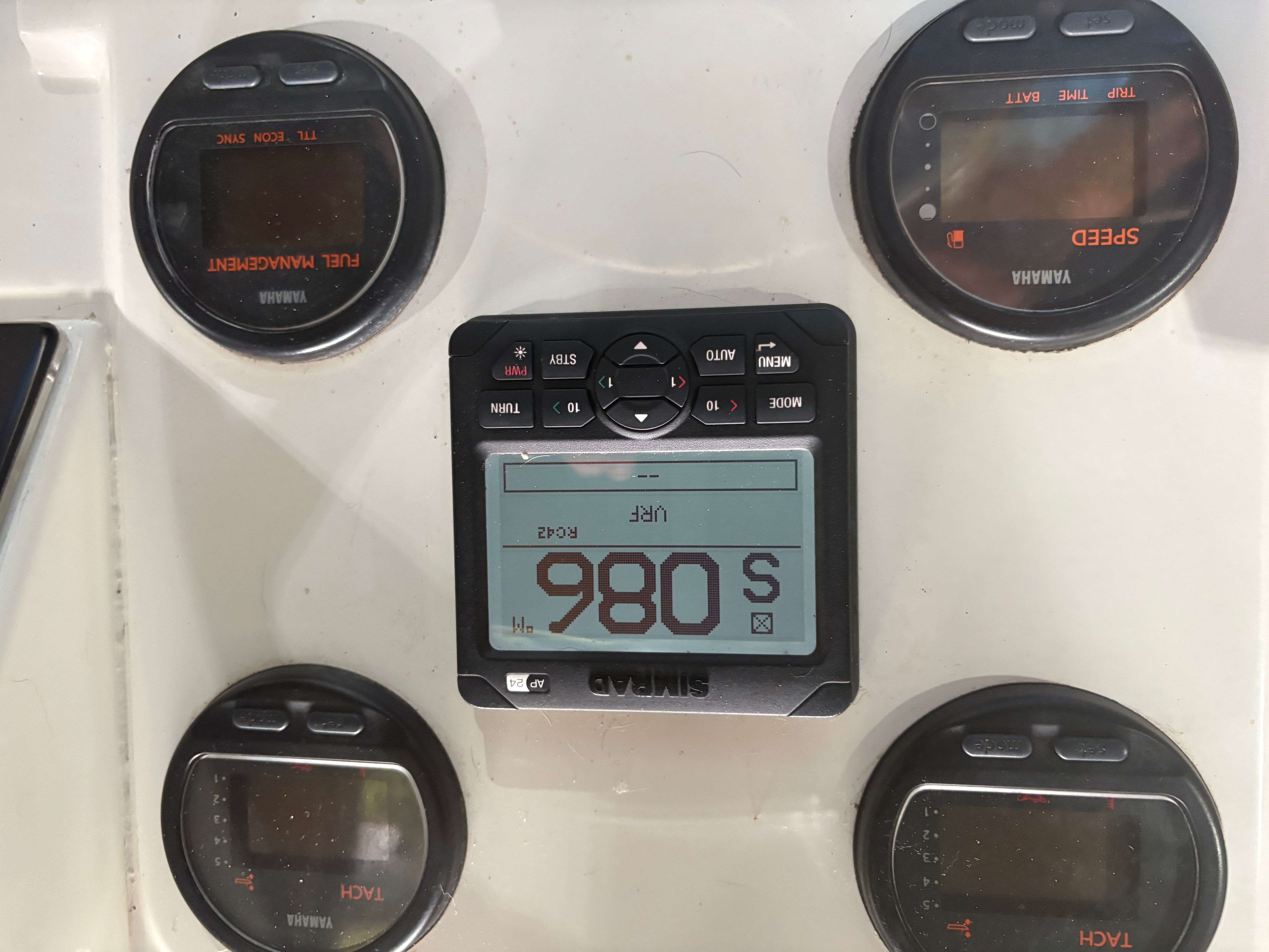Intrepid 322 Cuddy 2002 dashboard with Yamaha gauges.