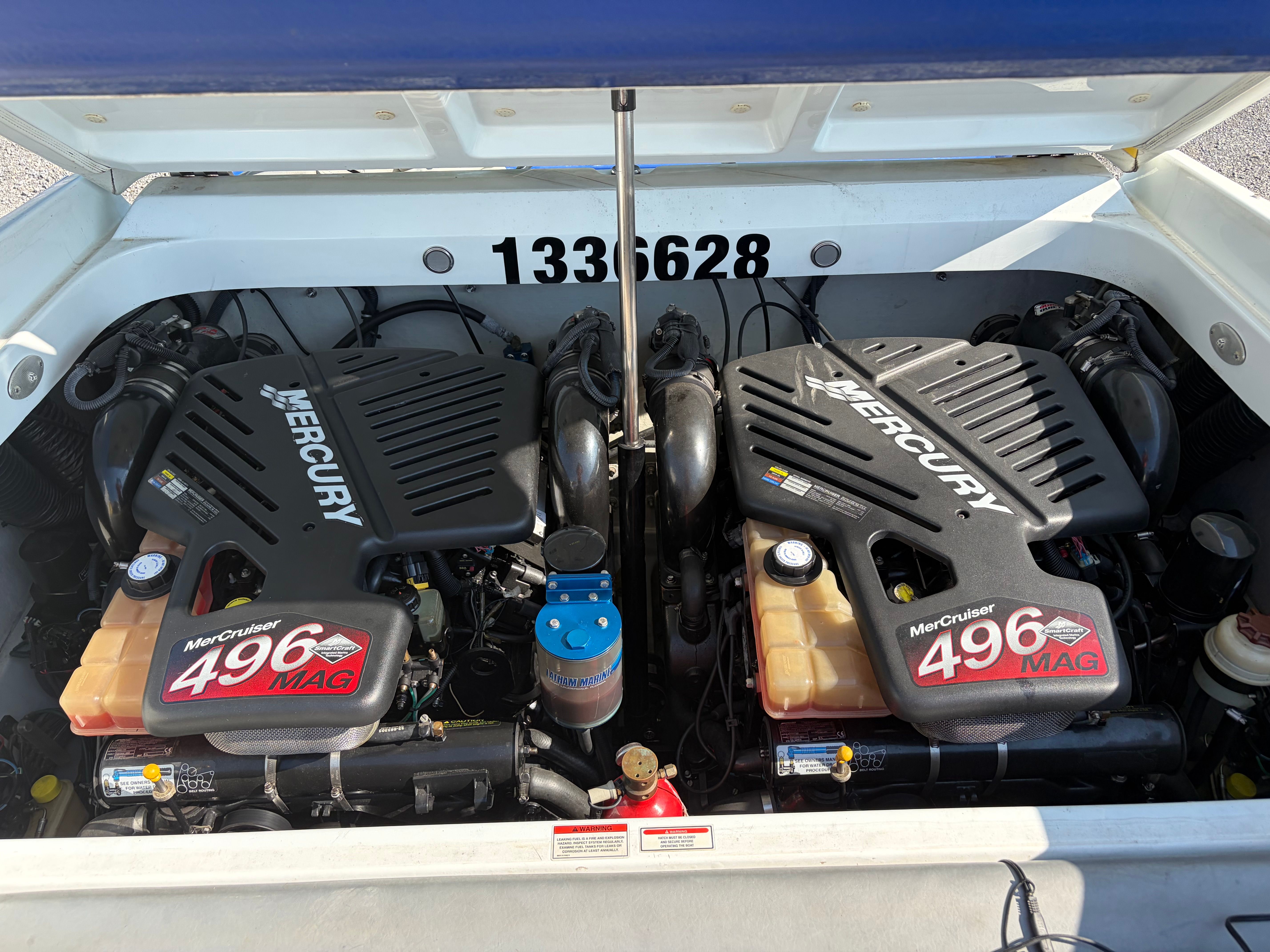 Dual Mercury 496 MAG engines in a 2007 Baja 30 Outlaw boat.
