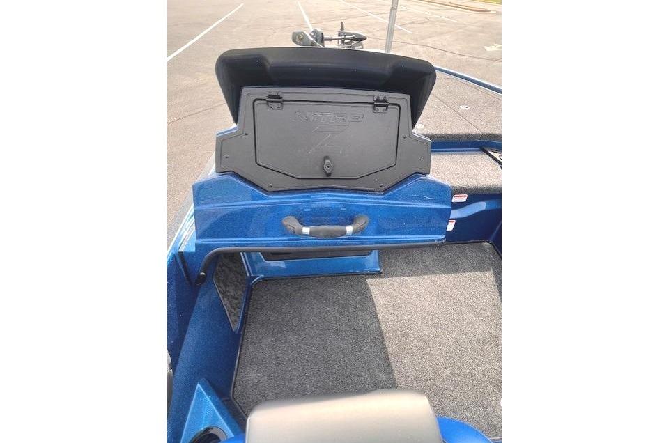 2026 Nitro Z19 XL boat interior with blue finish and storage compartment.