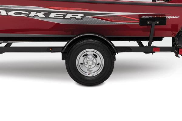 Side view of a red Tracker Pro Team 175 TXW boat trailer with a wheel.