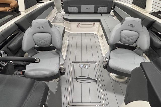 2026 Chaparral SSX 8 boat interior with luxurious gray seating and modern design.
