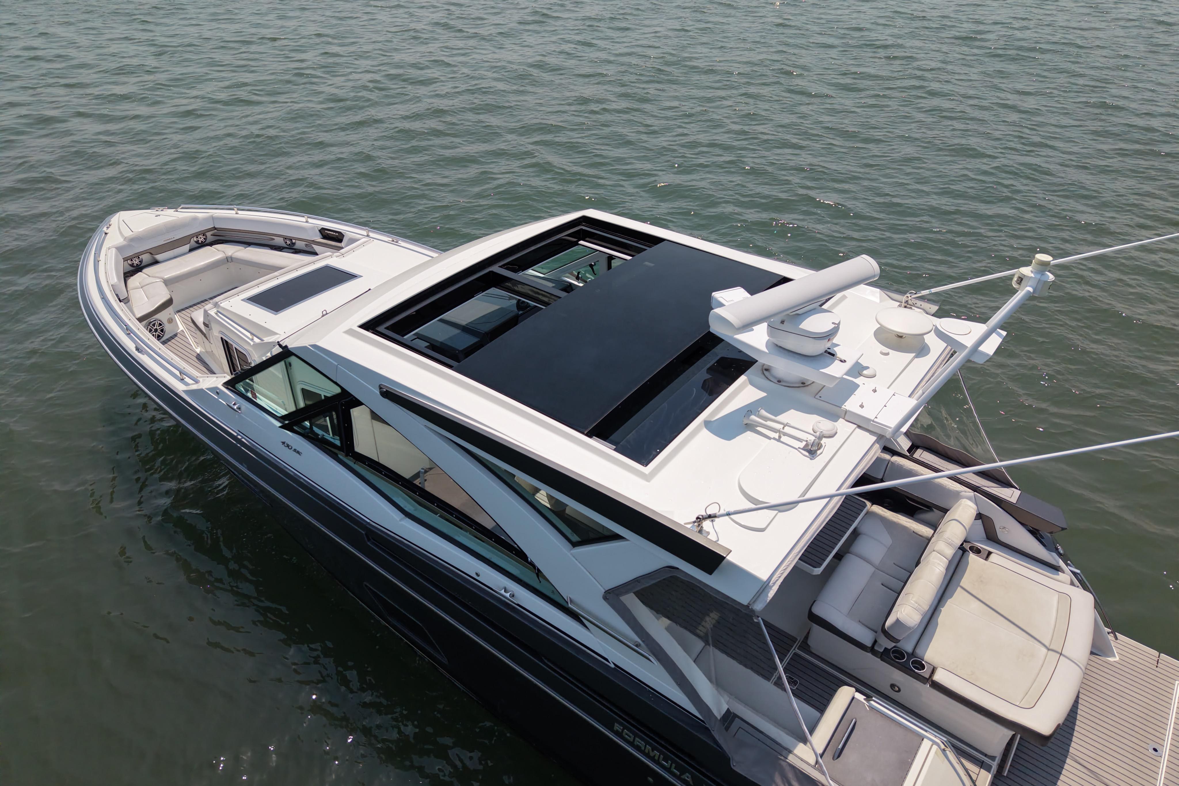 2019 Formula 430 Super Sport Crossover yacht on water, showcasing sleek design and spacious deck.