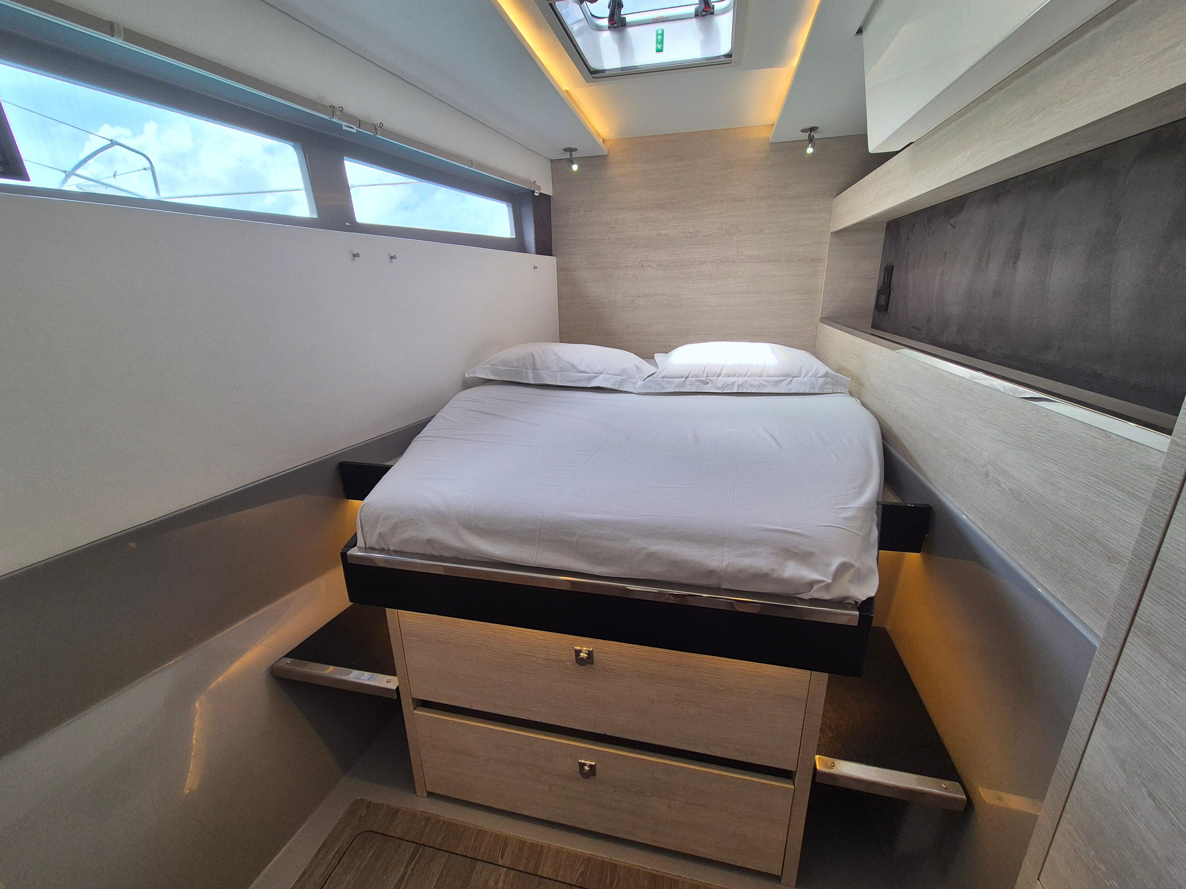 Interior of a Leopard 50 yacht, modern bedroom design, year 2021.