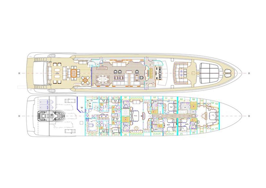 Floor plan of 2011 Mangusta 165 yacht, showcasing detailed layout and design features.