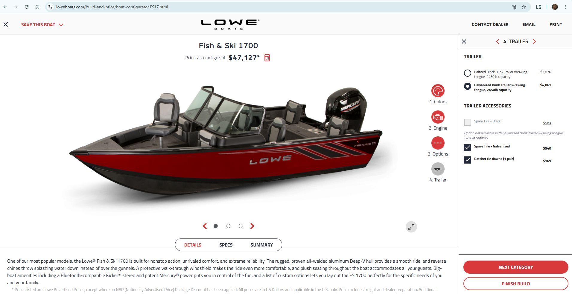 Lowe FS 1700 Fish & Ski 2023 in an online configuration with red hull and black motor.