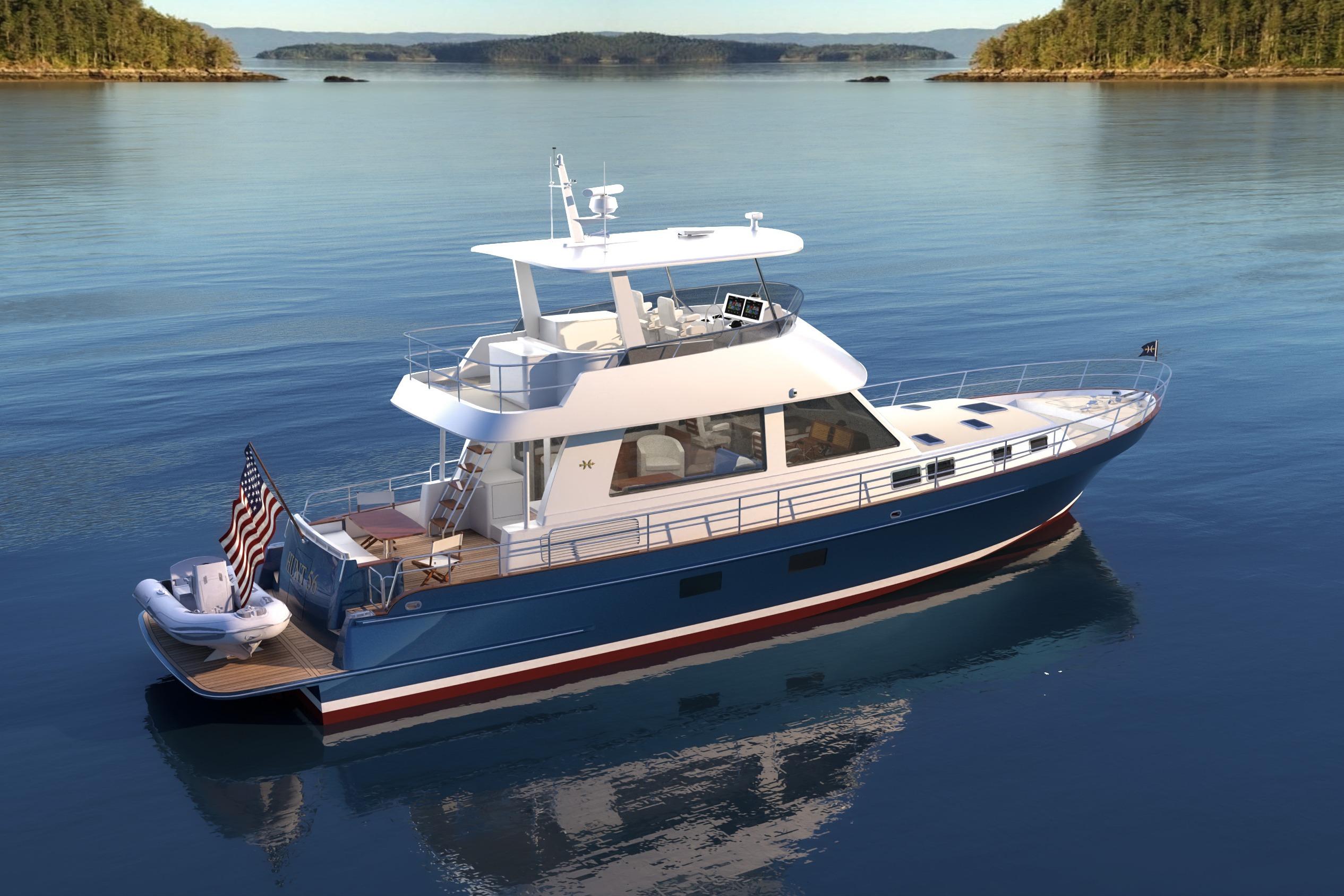 Luxury 2027 Hunt Yachts 56 Ocean Flybridge cruising on serene waters.