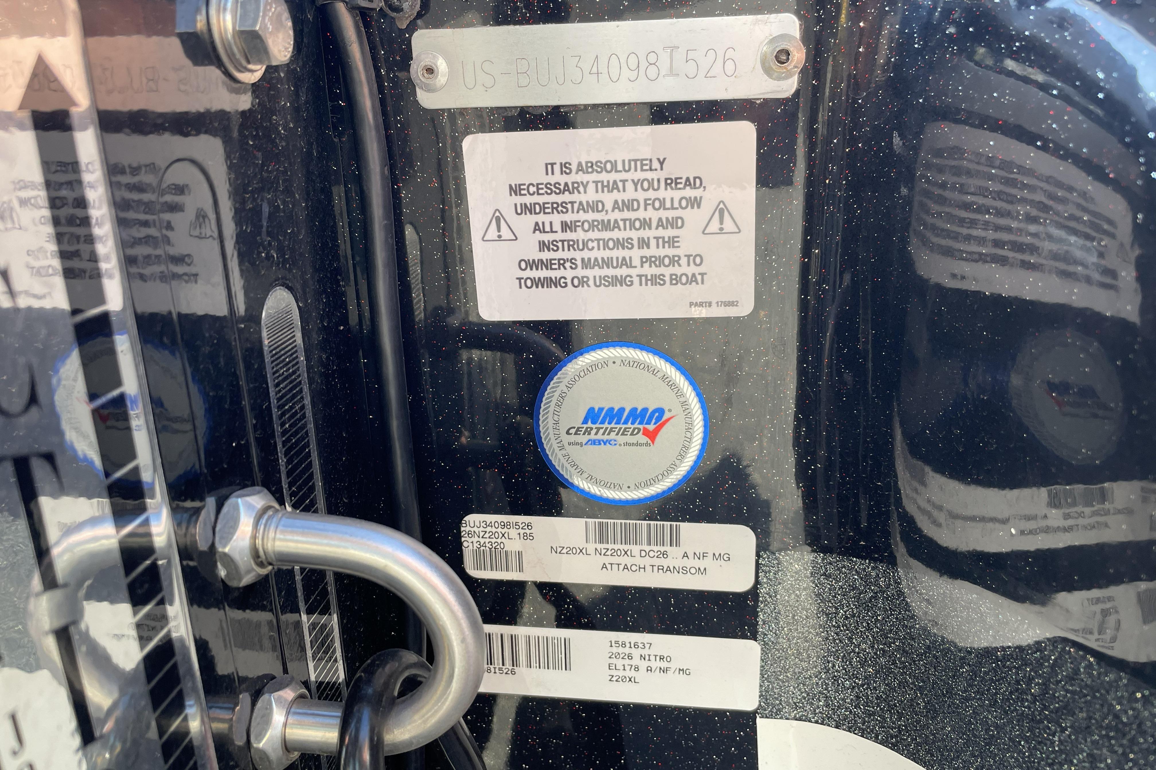 2026 Nitro Z20 XL boat certification and safety instructions on transom.