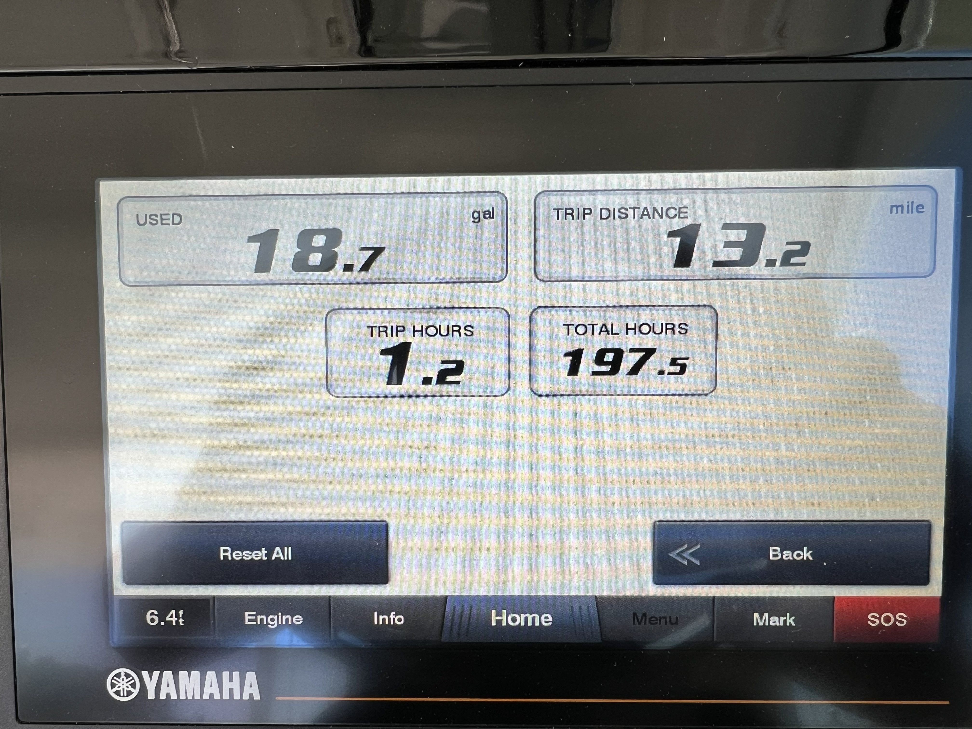 Yamaha display showing fuel usage and trip data for 2021 Pursuit OS 385 Offshore.