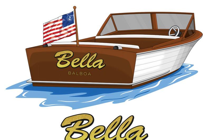 1964 Lyman 25 Sleeper boat illustration with "Bella Balboa" text and American flag.