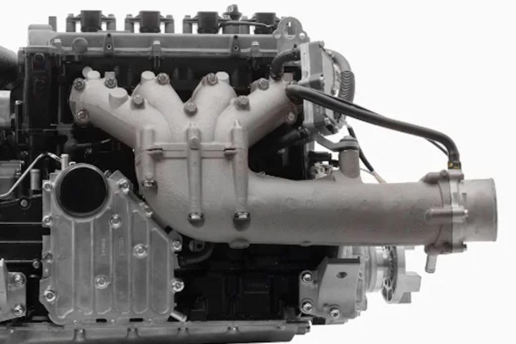 Engine component of 2026 Yamaha Boats 255 FSH Sport E, showcasing intricate mechanical design.