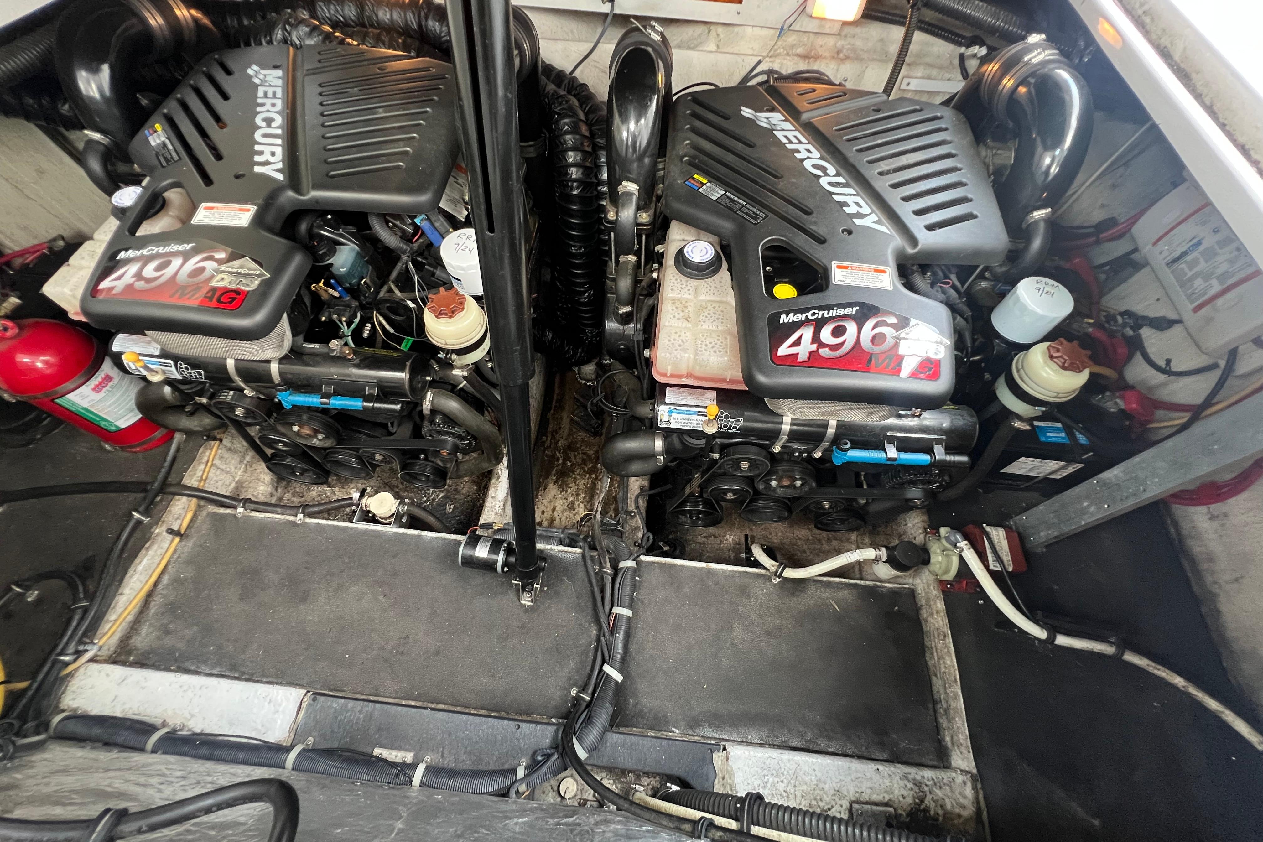 Twin MerCruiser 496 engines in a 2008 Crownline 340 CR boat engine room.