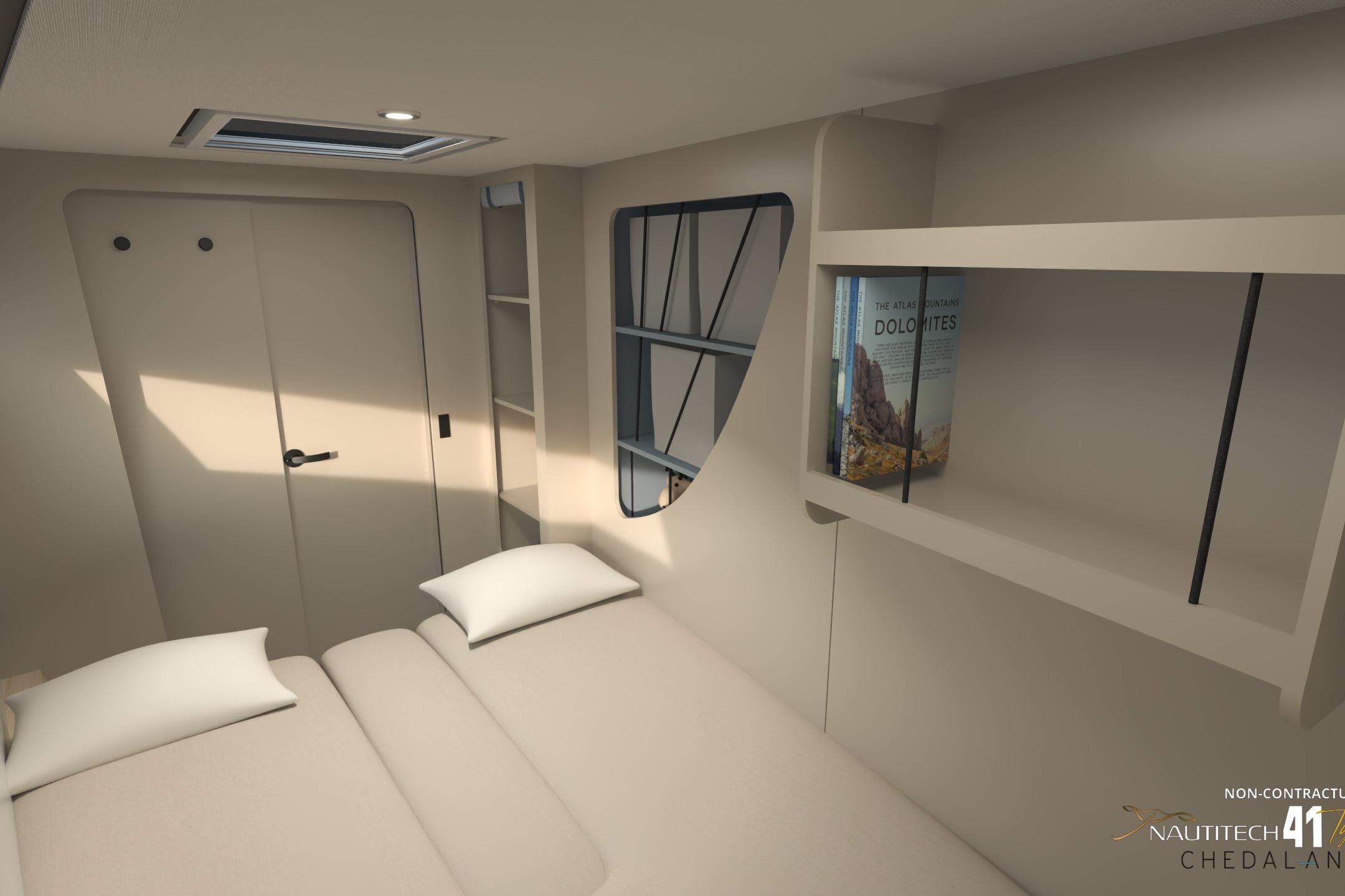 Interior of Nautitech 41 Type S 2026 with bed and bookshelf.