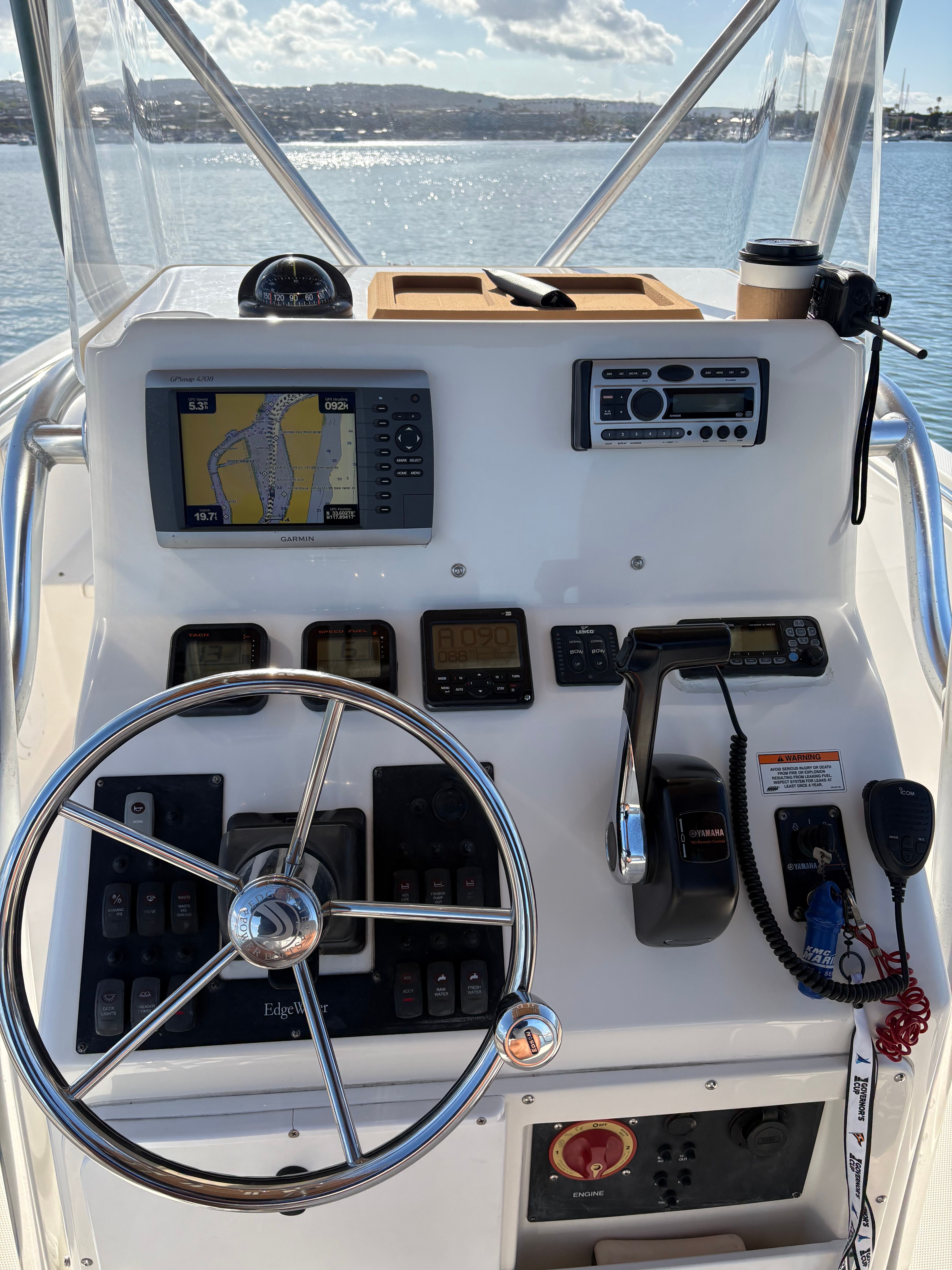Edgewater 228CC boat console, 2008 model, featuring navigation system.