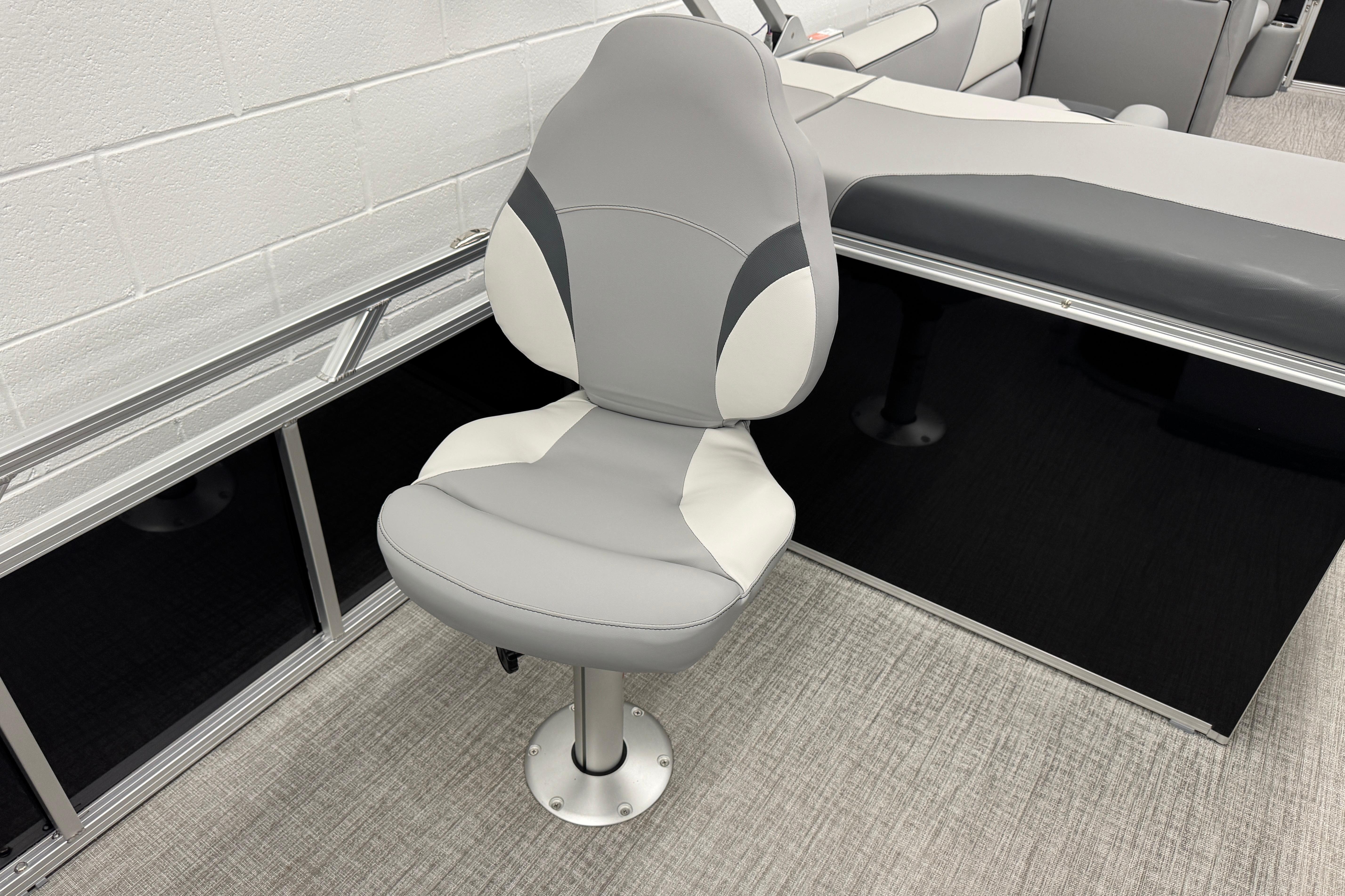 Gray and white seat in 2026 Avalon Ventue 85 RF boat interior.
