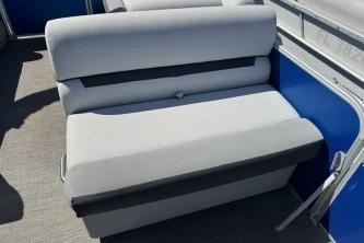 2021 Godfrey Sweetwater 2286 C boat seat with gray upholstery and blue accents.