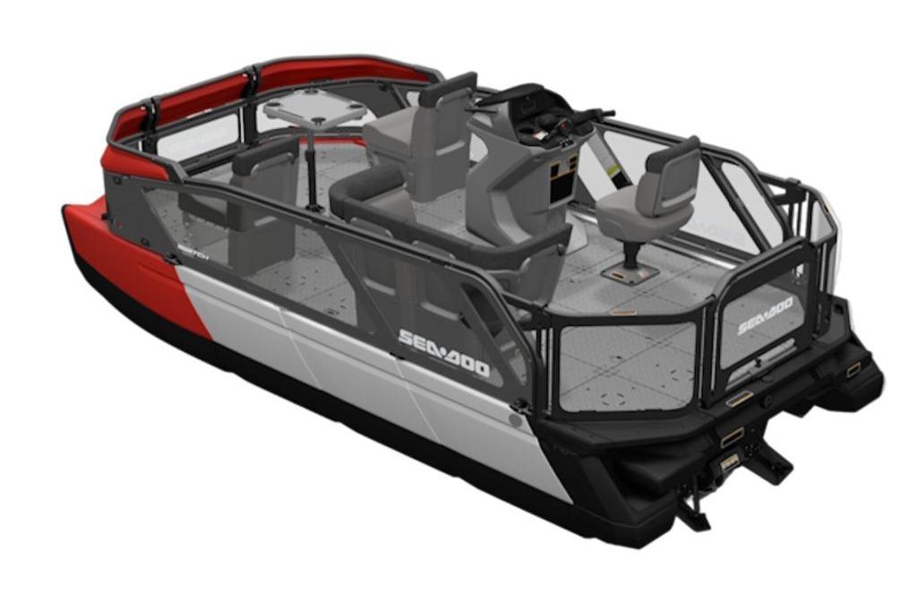 2026 Sea-Doo Switch Compact pontoon boat, red and white design, spacious seating.