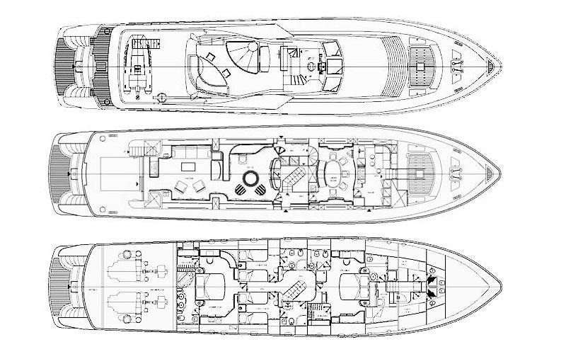Blueprint of 2001 Falcon 106 yacht, showcasing detailed deck layouts and interior design.