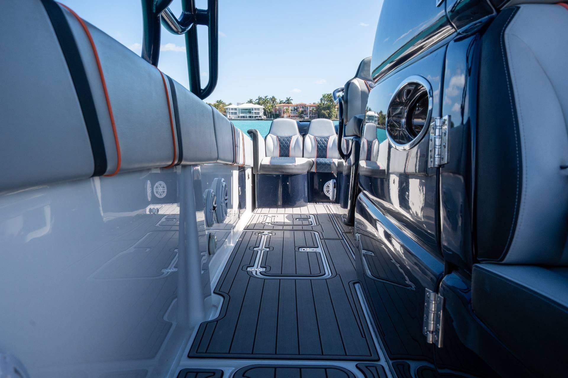 2014 Midnight Express 37 Open boat interior with sleek seating and modern design.