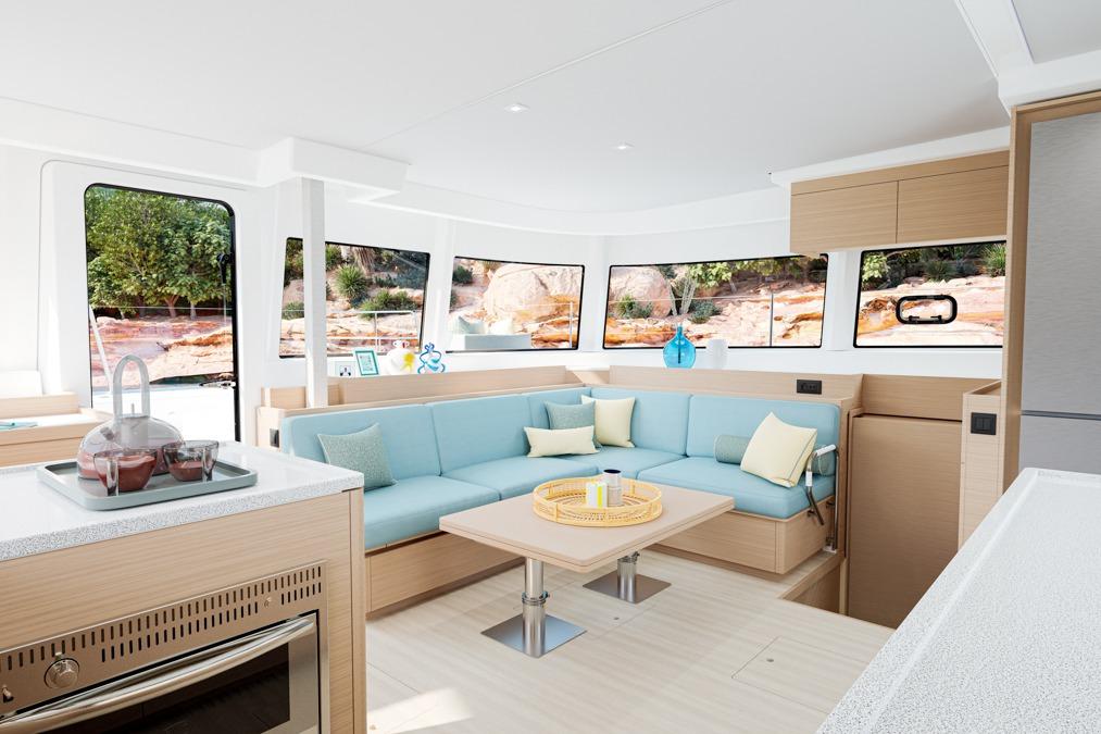 Interior of Lagoon 47 yacht, modern and spacious, year 2026.