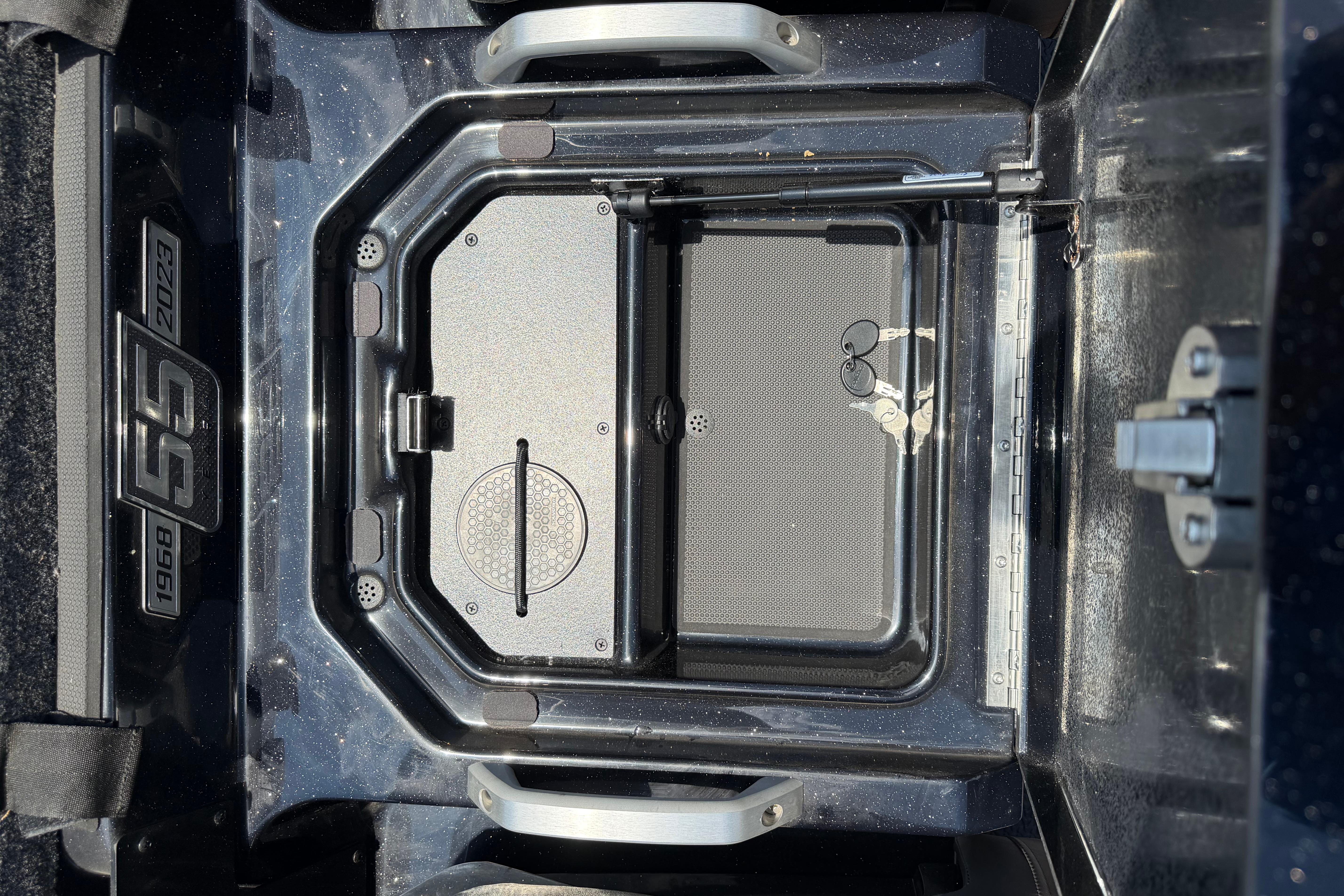 2023 Ranger Z520R storage compartment with sleek design and secure latch system.