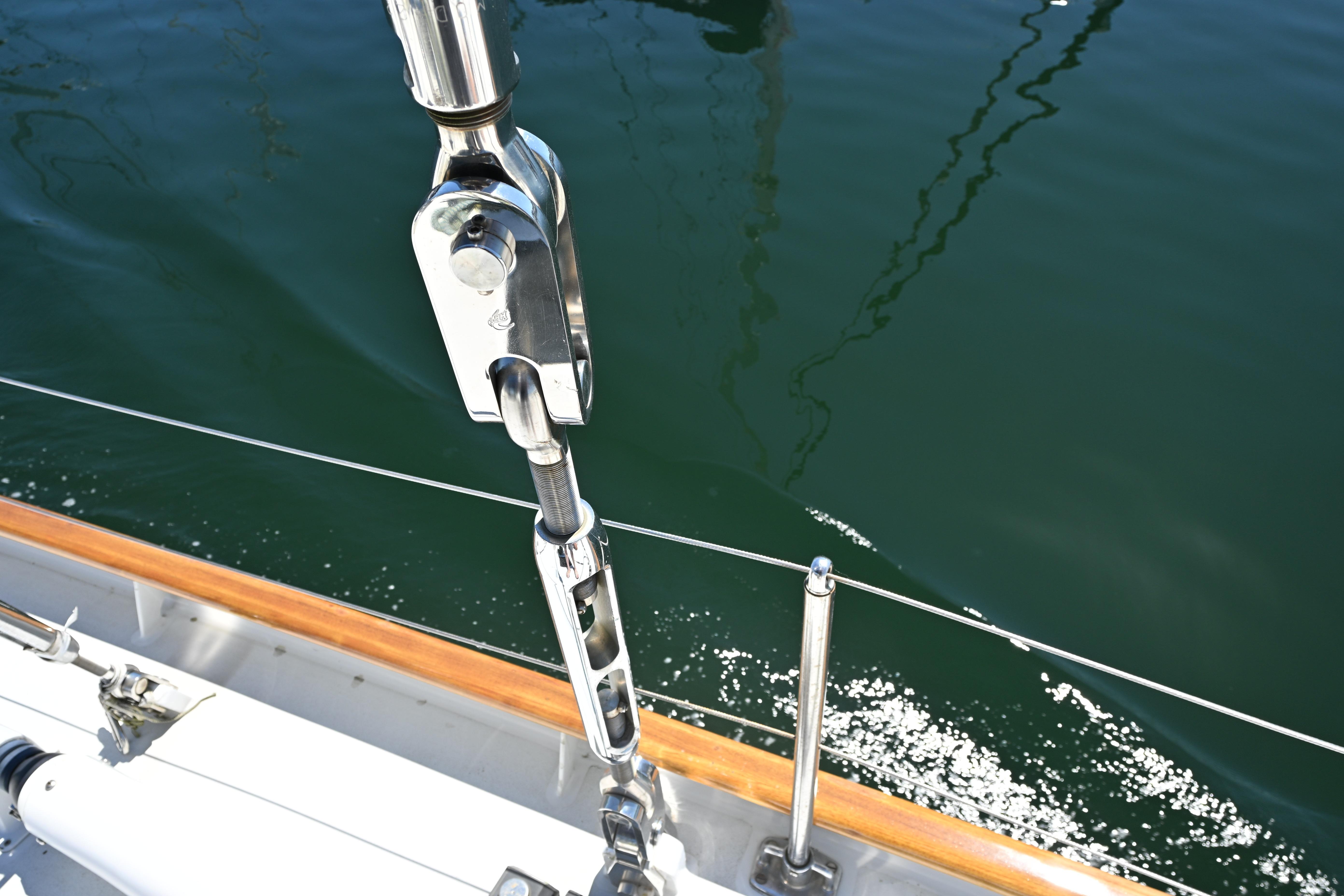 Close-up of rigging on a 1968 Abeking & Rasmussen Tripp 74 sailboat.