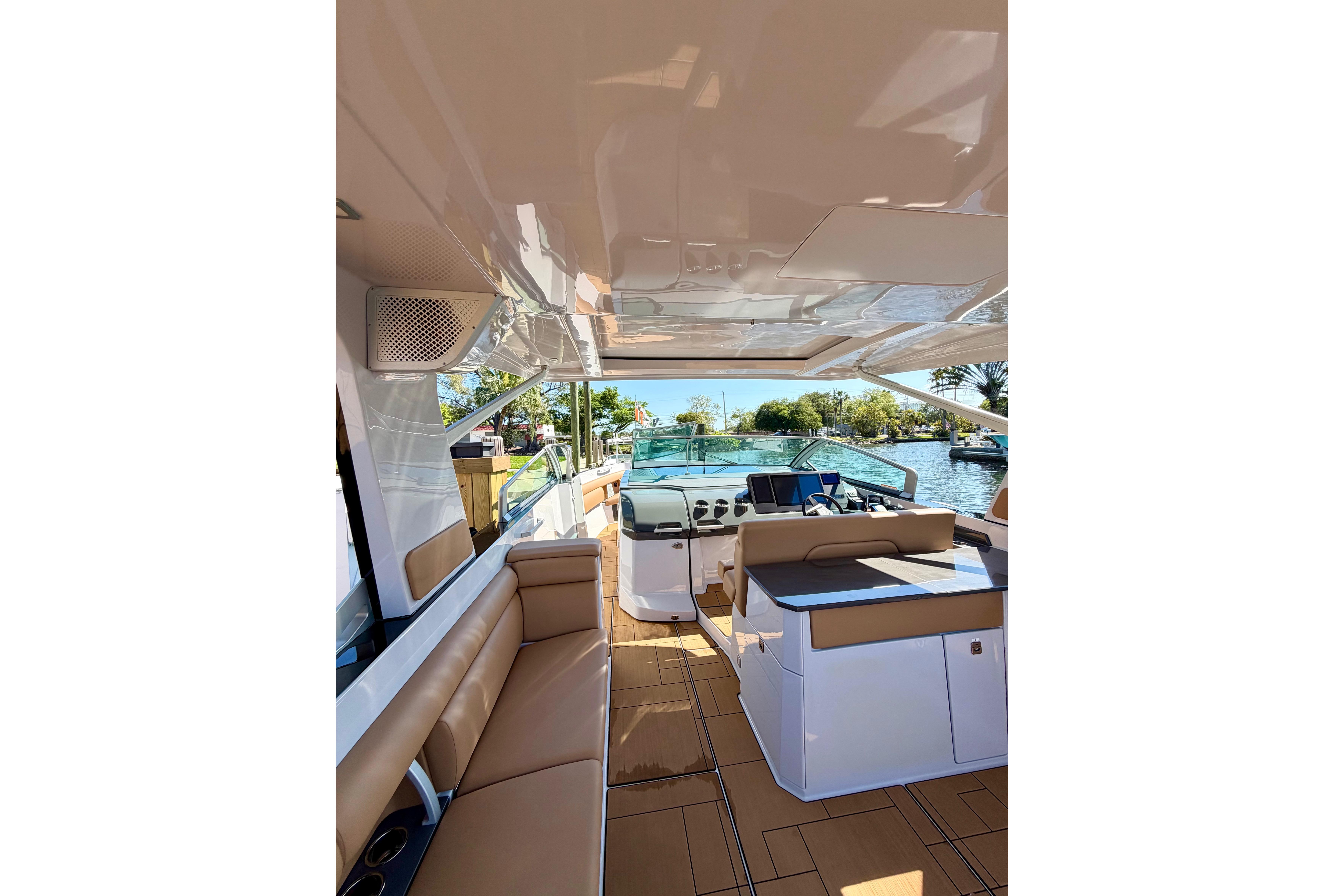 Luxurious interior of 2023 Aviara AV40 OB boat with spacious seating and modern design.
