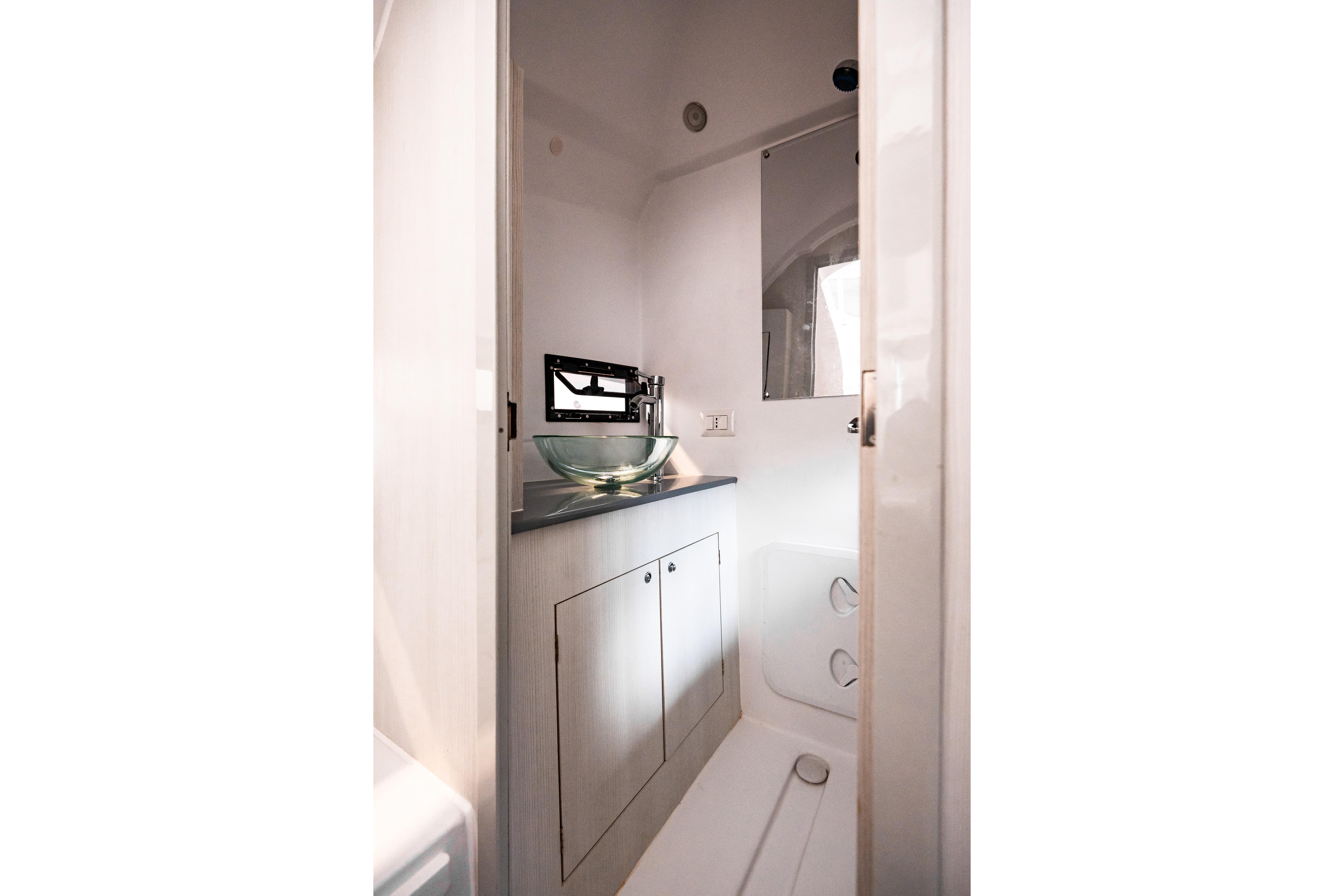 Modern bathroom interior of 2025 Panamera Yacht PY 100 with sleek design elements.