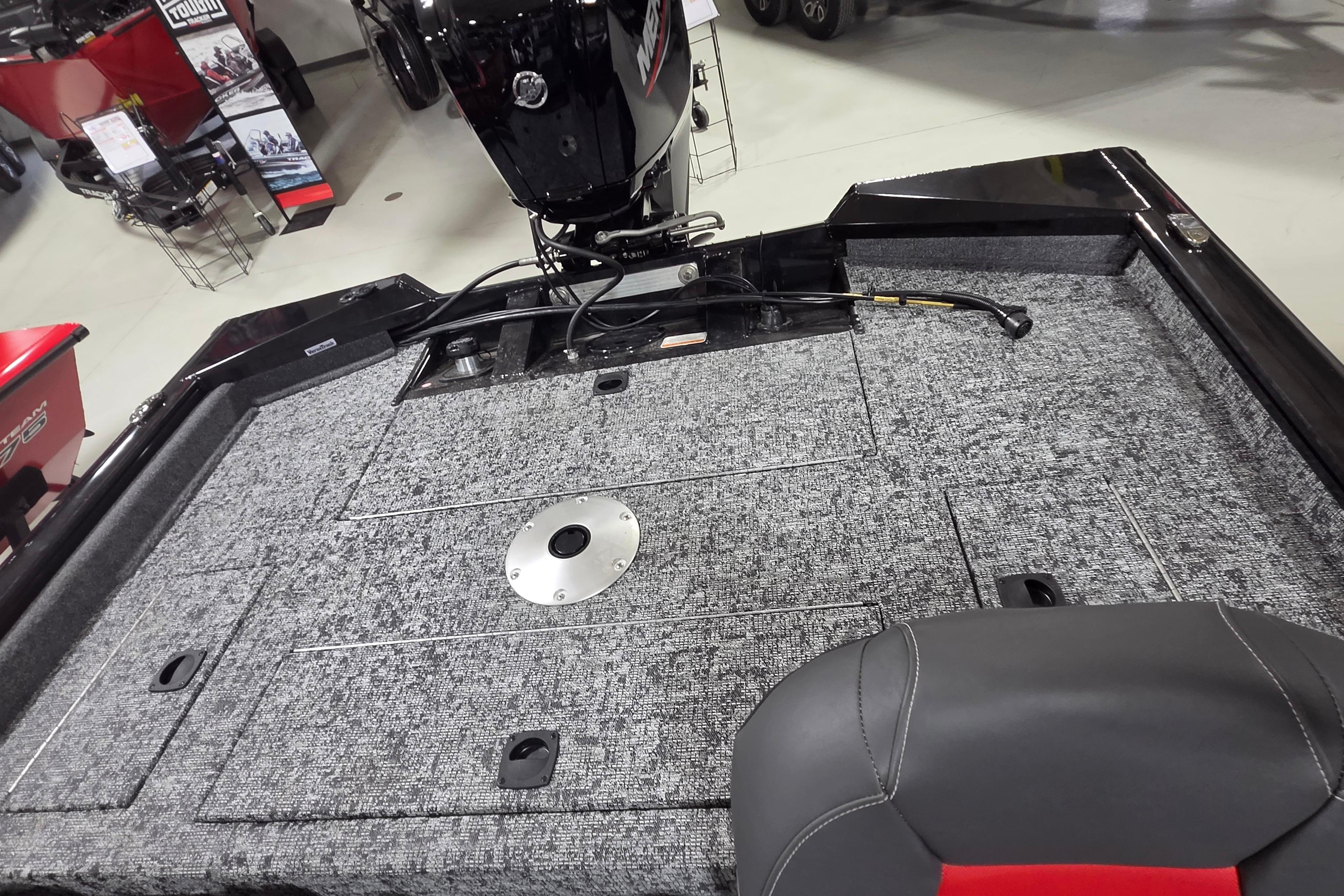 2026 Tracker Pro Team 175 Crappie Edition boat interior with carpeted deck and motor.