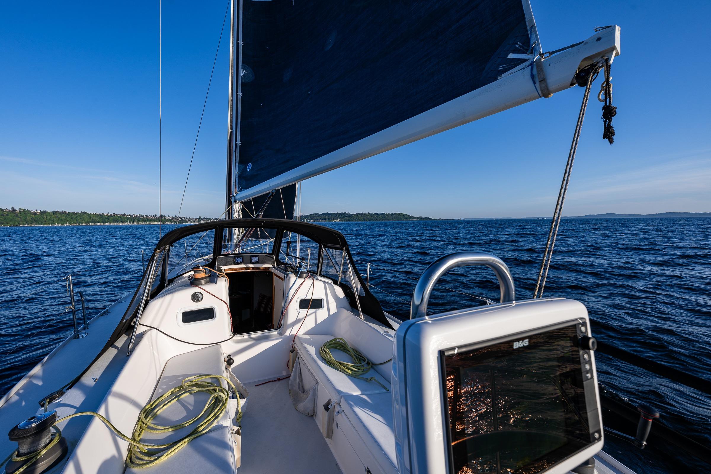 Sailing on a 2007 J Boats J/124 yacht with clear blue skies and calm waters.
