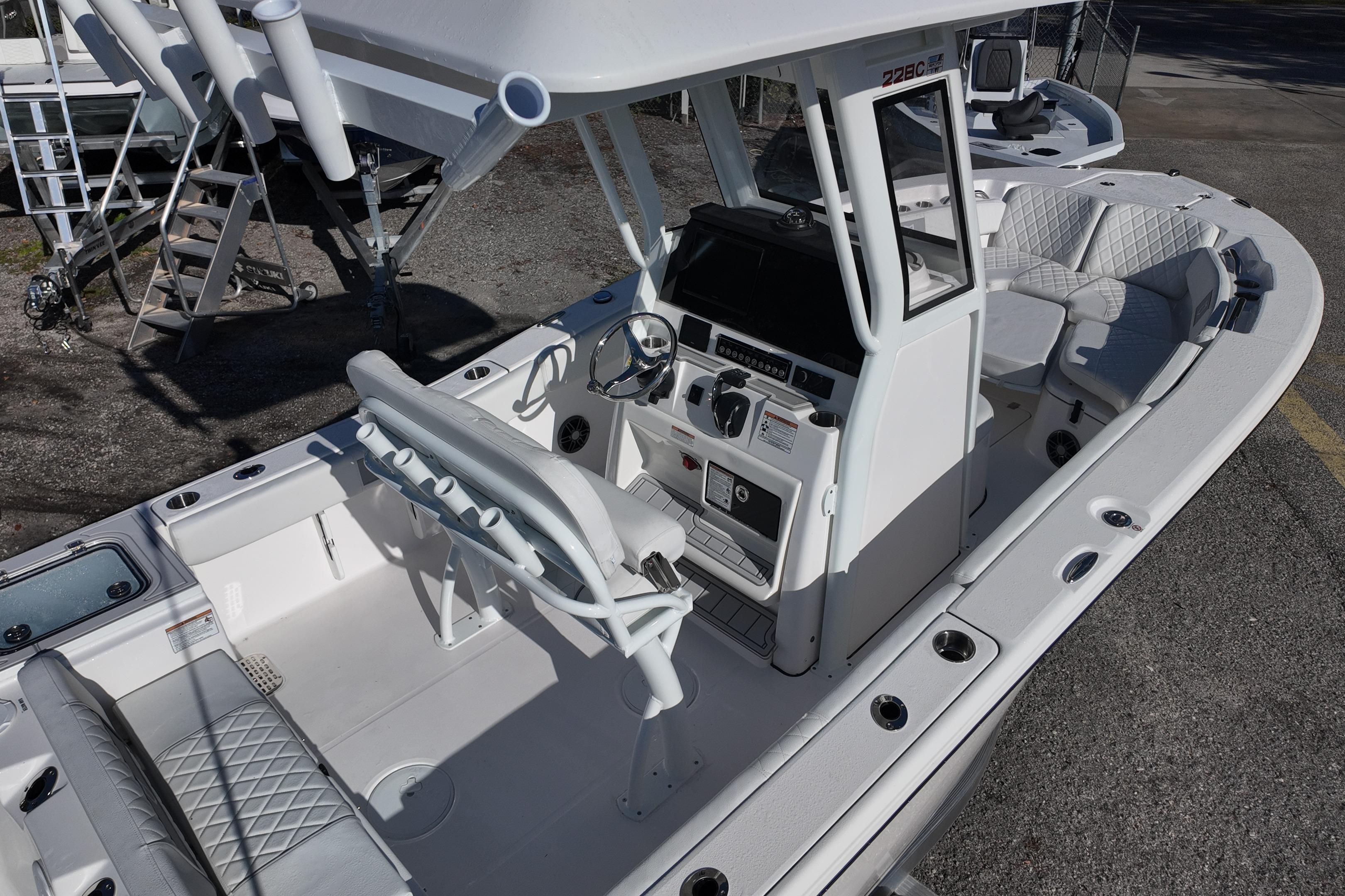 2026 Sea Fox 228 Commander boat interior with seating and console.