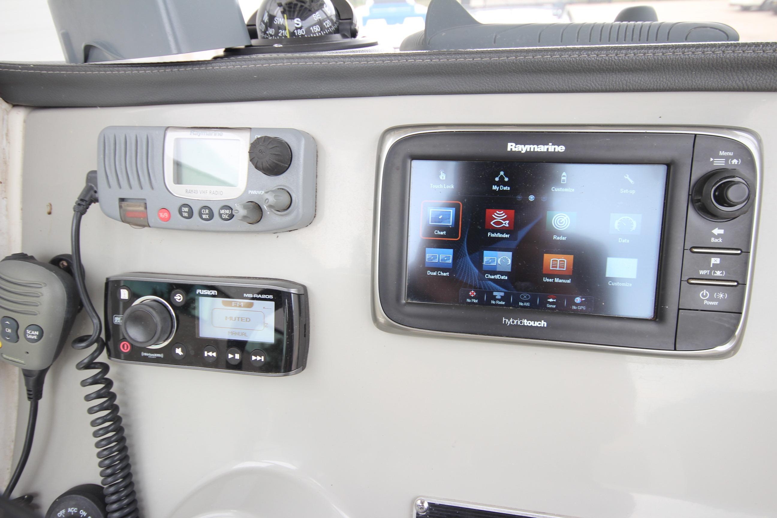 Control panel of a 2014 Boston Whaler 210 Dauntless with Raymarine navigation system.