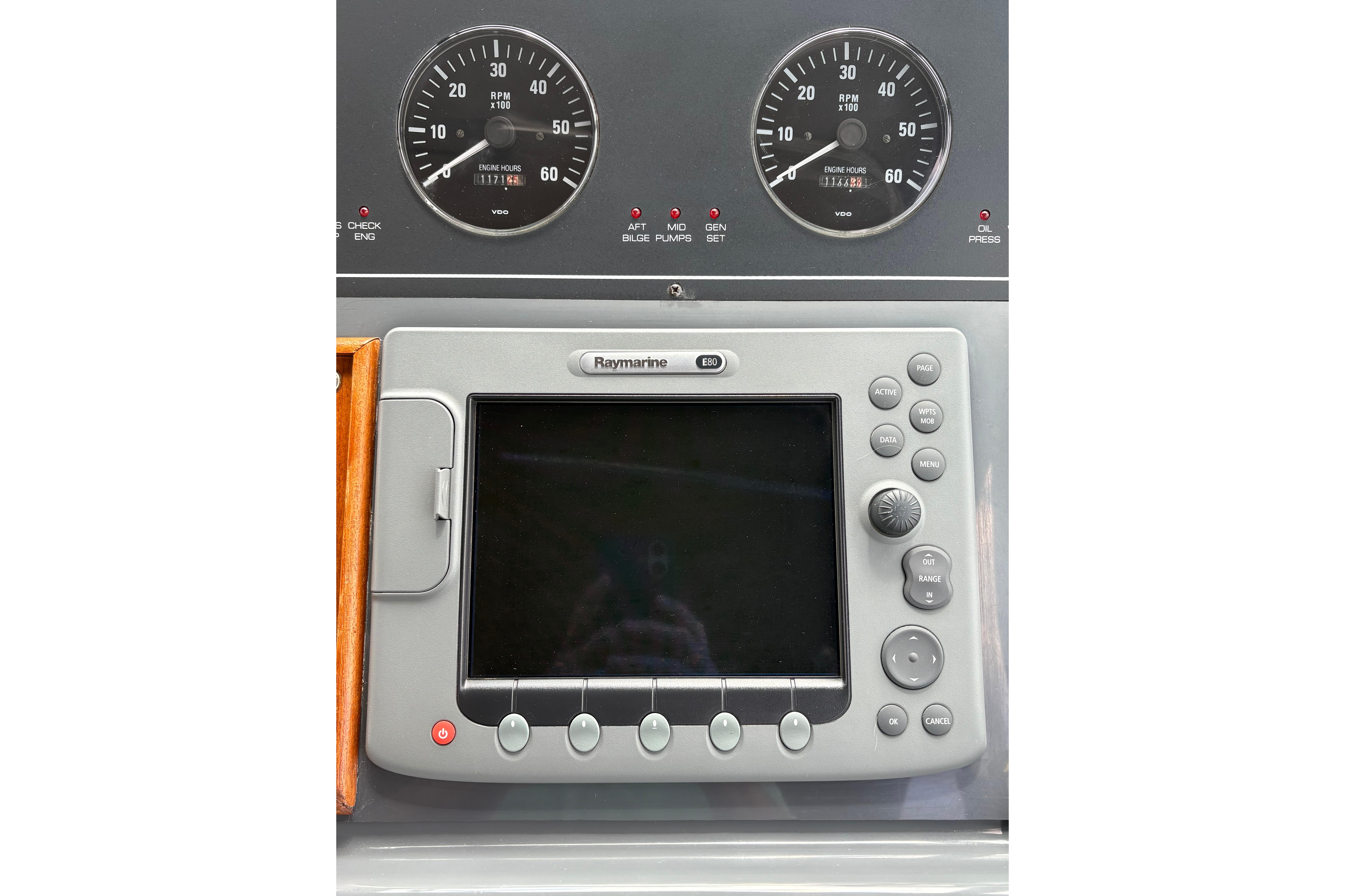 Raymarine E80 display and gauges on 1999 Tiara Yachts 3100 Open dashboard.