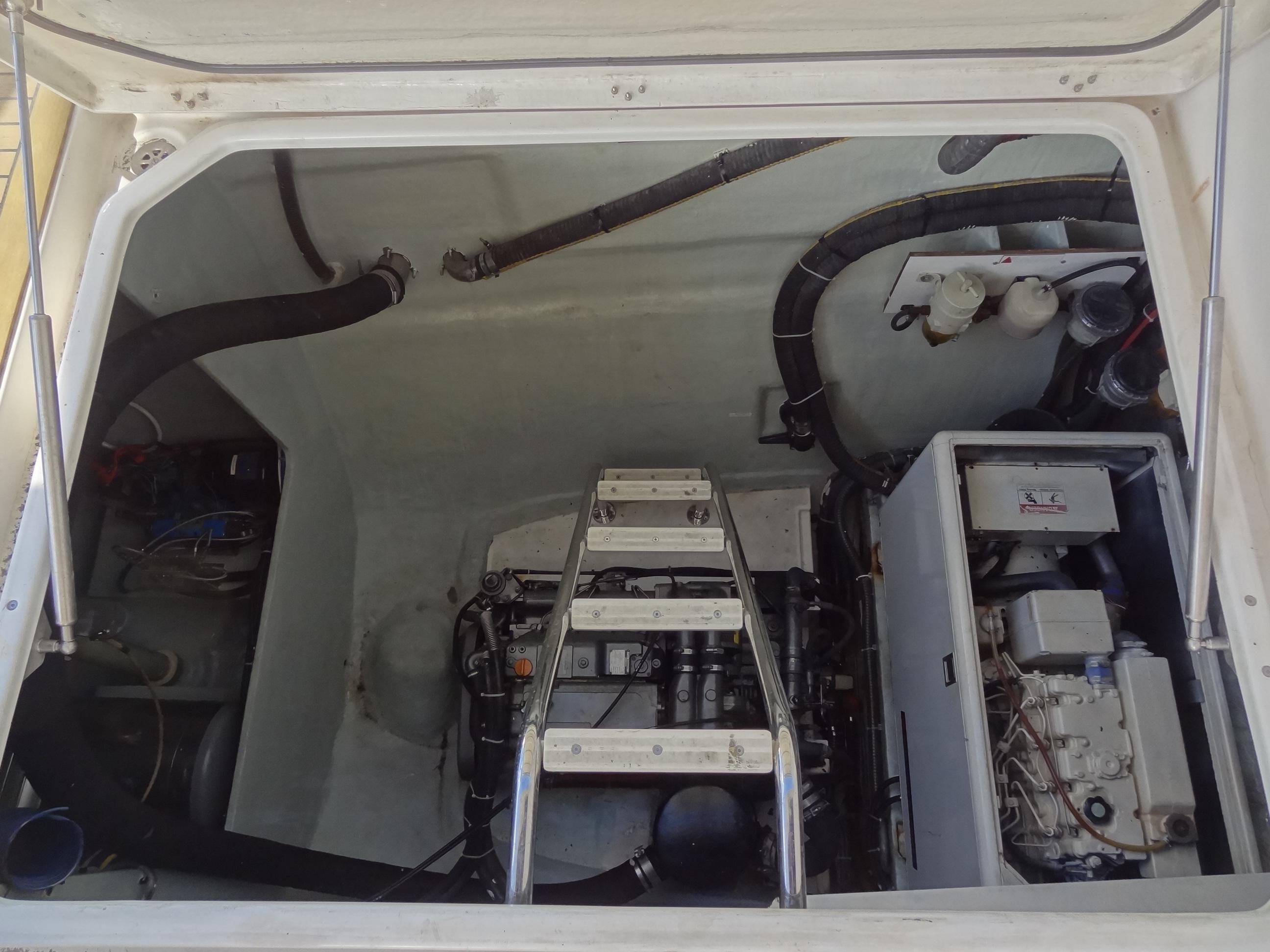 Engine compartment of a 2014 Leopard 58 yacht with visible machinery and components.