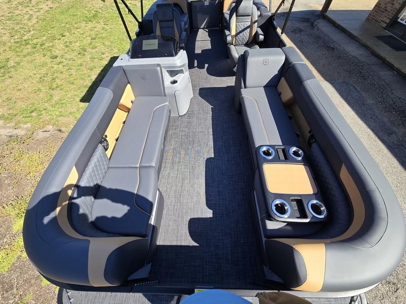 2025 Godfrey Sweetwater 2286 SB pontoon boat interior with spacious seating and cup holders.