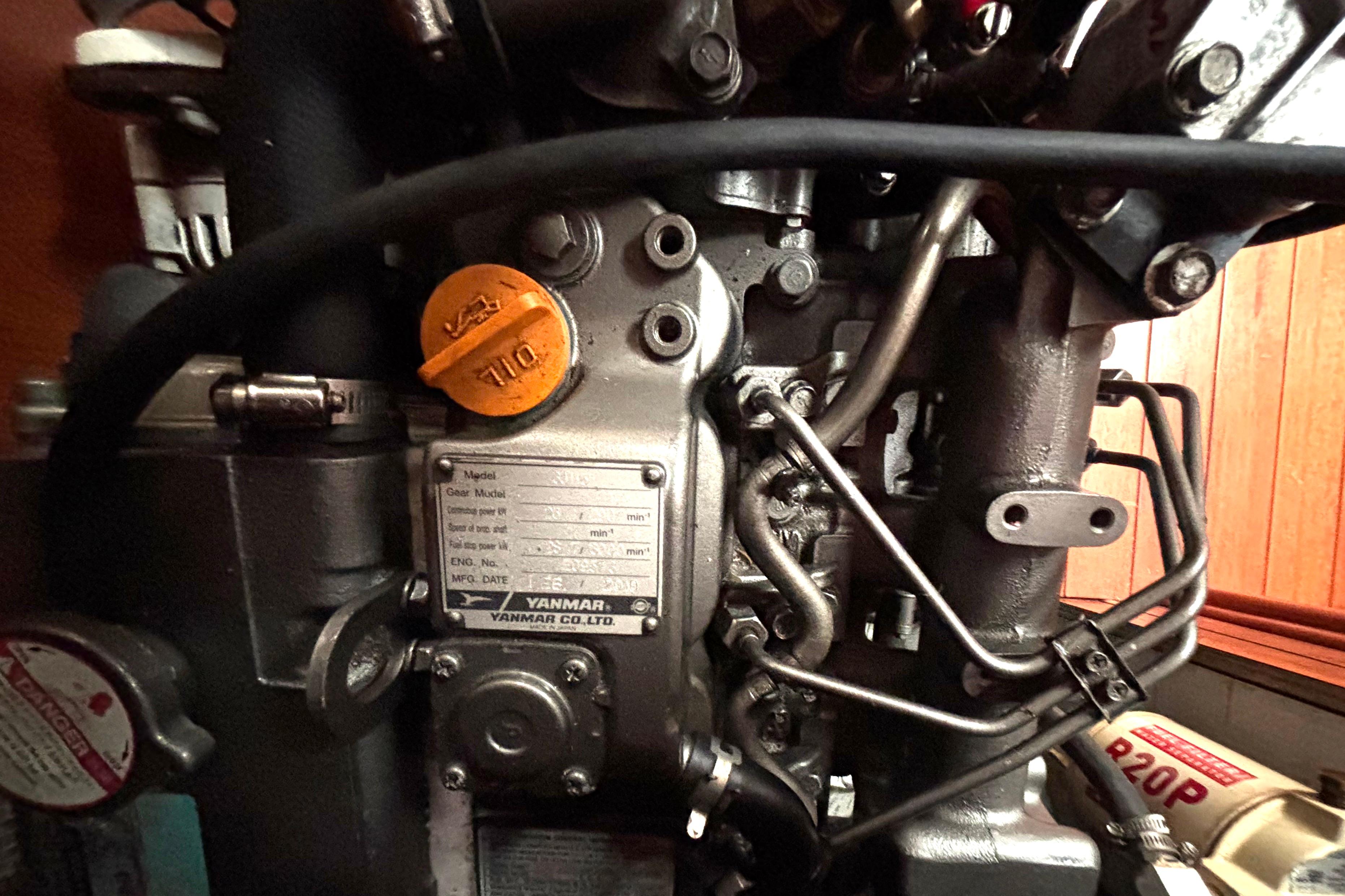 Close-up of a Yanmar engine in a 2011 Hunter 39 sailboat.