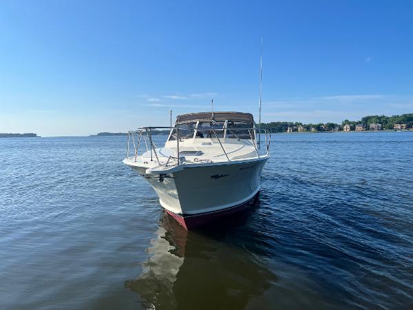 A white boat floating on calm water, with a clear blue sky in the background.