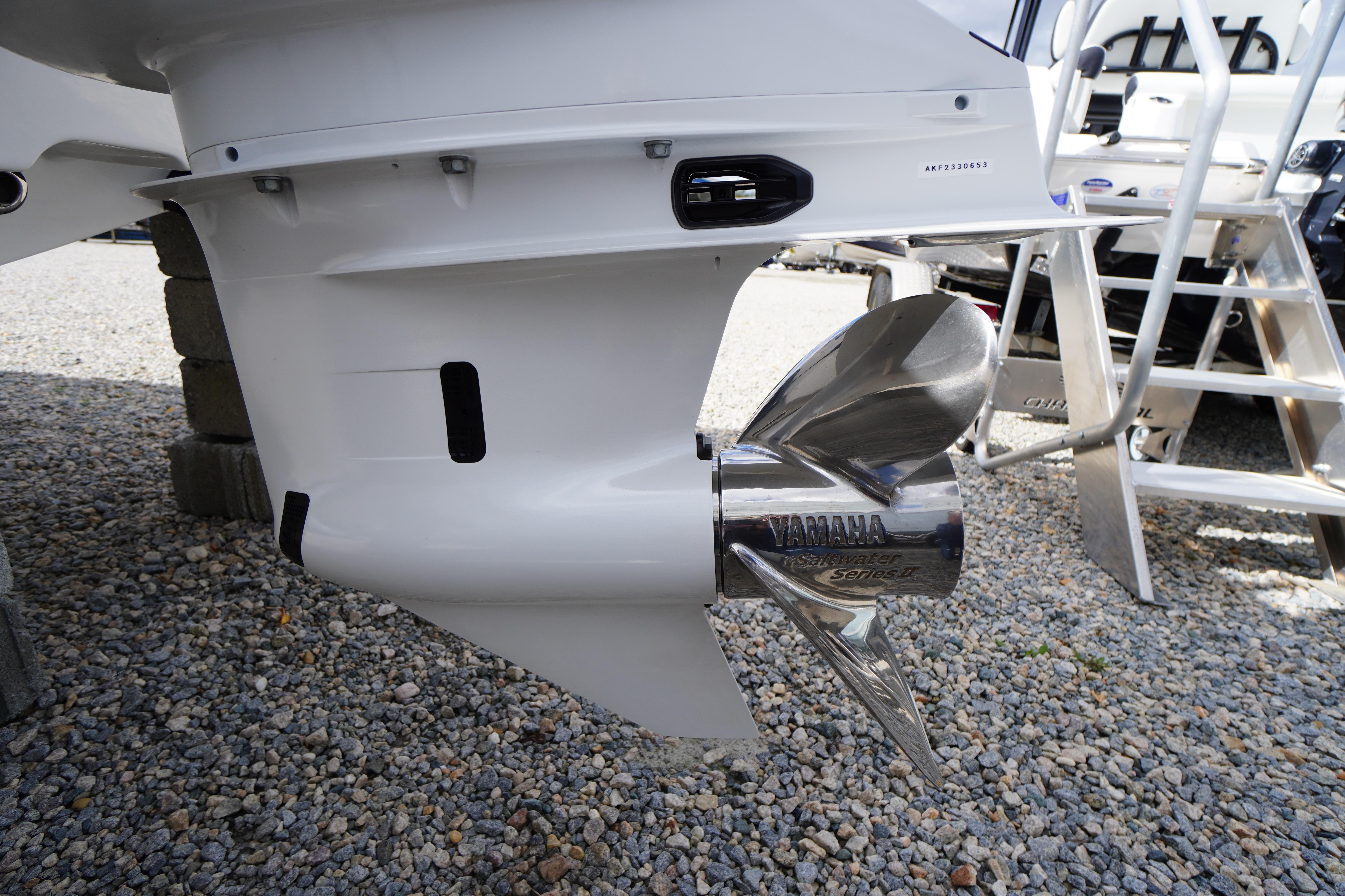 Close-up of a Yamaha propeller on a 2026 Tidewater 232 LXF boat.